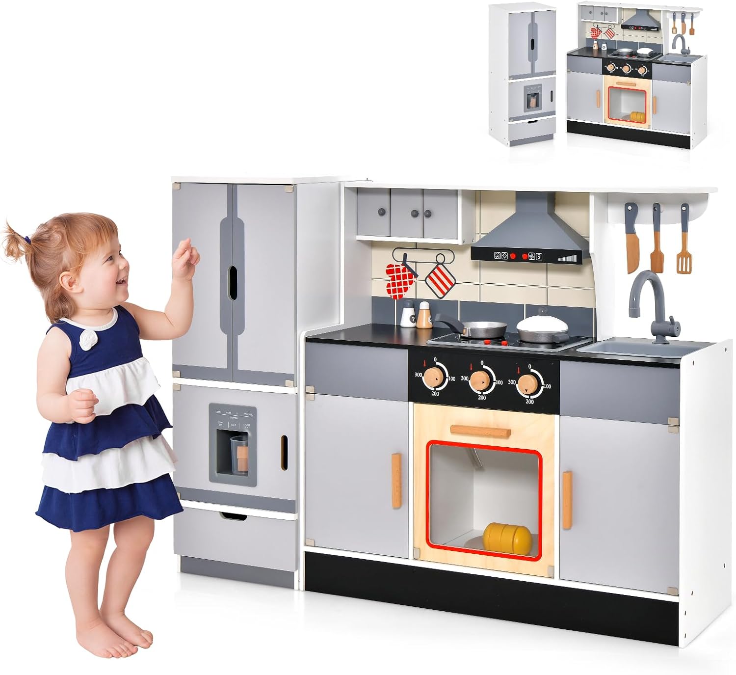 Costzon 2-Piece Play Kitchen, Wooden Toy Kitchen Set with Refrigerator, Ice Maker, Range Hood, Pretend Oven, Kids Kitchen Playset with Sounds & Lights, Gift for Ages 3+