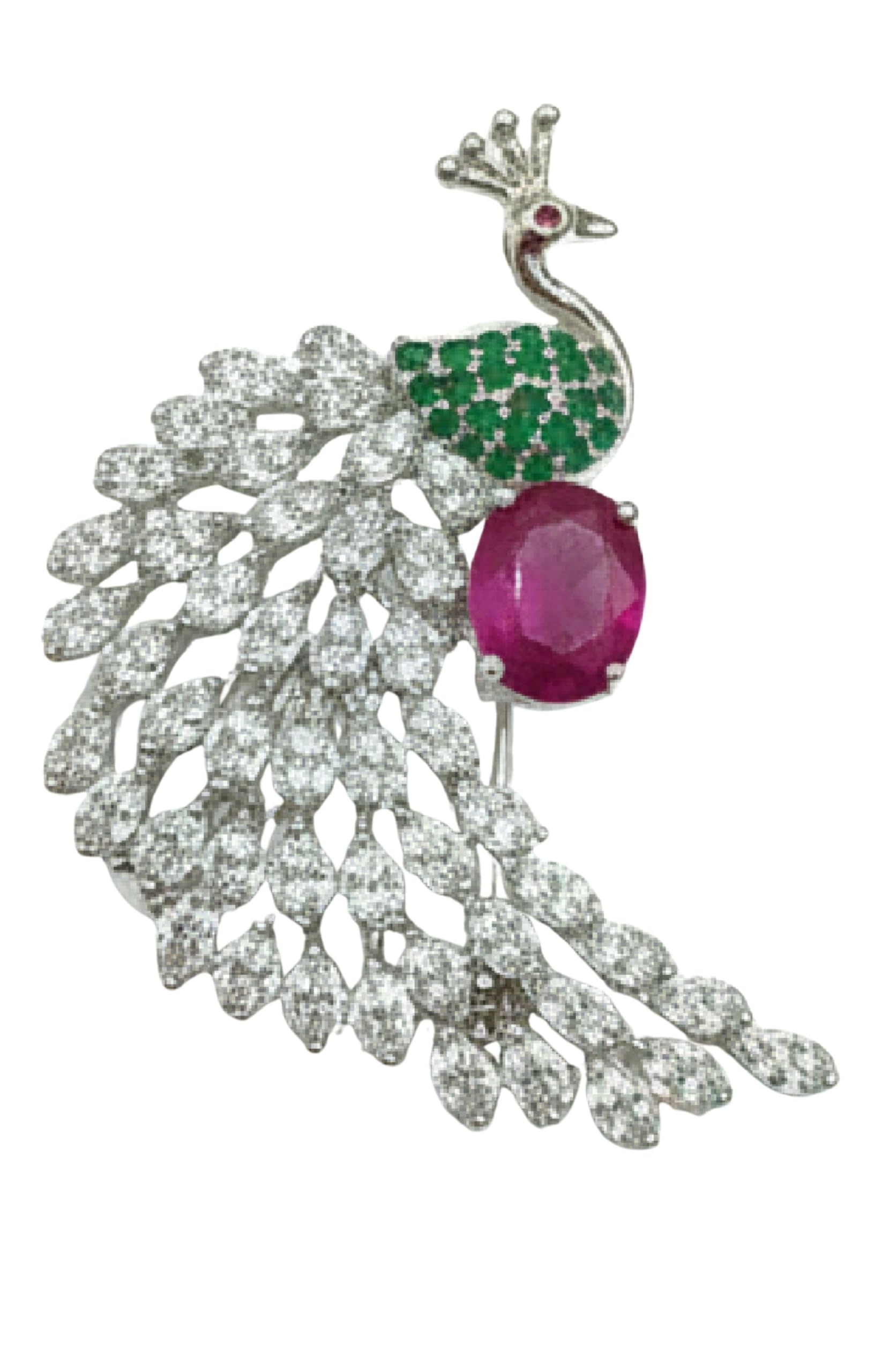 Royal Peacock Silver-Plated Saree Pin/Brooch for Women with Oval Ruby Red & Emerald Stones-image-26