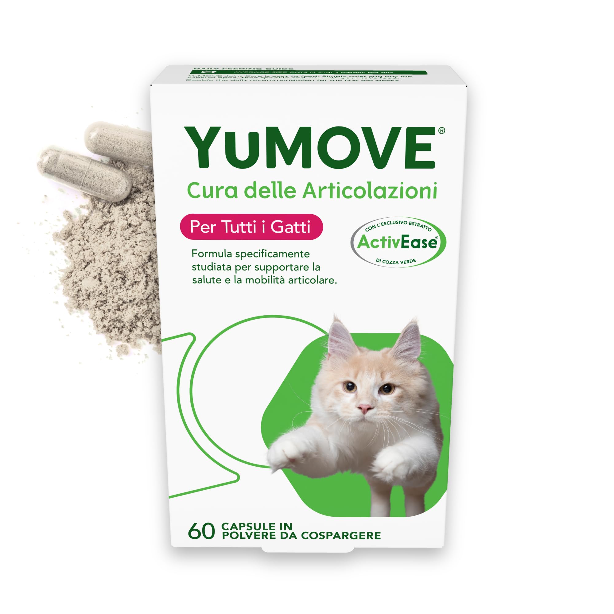 YuMOVE Integratore Articolazioni Gatti da 8 settimane a 7 anni - 60 Capsule Da Spolverare - In Attesa di Brevetto 100mg di Cozza Verde ActivEase e Glucosamina - Joint Care Gatti Articolazioni