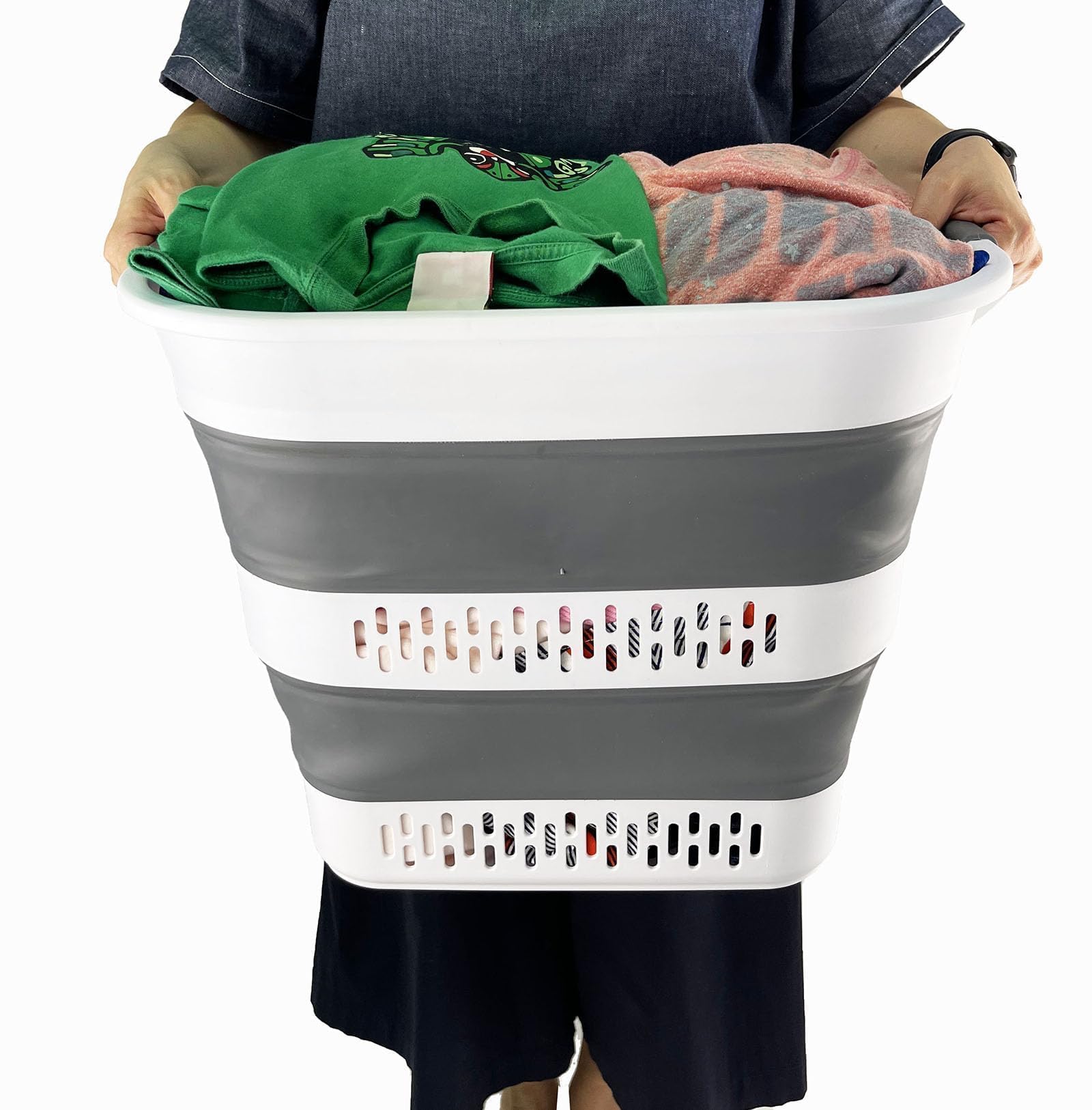 SAMMART Zusammenklappbarer Wäschekorb aus Kunststoff, 40 l, faltbarer Pop-Up-Aufbewahrungsbehälter/Organizer, tragbarer Wäschesammler, platzsparend (1, Weiß/Stahlgrau)