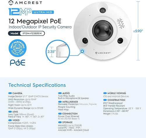 Miniatura 8 de Amcrest Fisheye Cámara IP POE, cámara IP POE panorámica de 360 de 12 megapíxeles, detección de mapa de calor, protección perimetral, conteo de