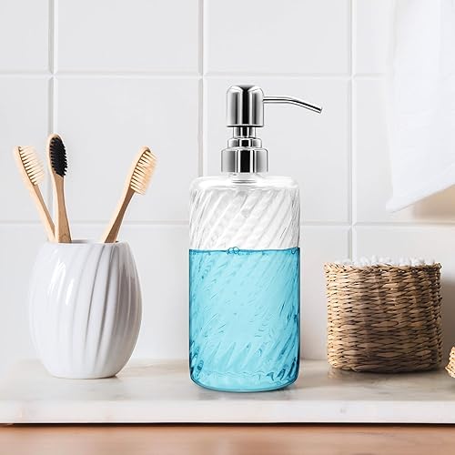 Miniatura 4 de Dispensador de jabón de vidrio acanalado de 18 onzas con bomba de acero inoxidable, botella de jabón líquido recargable para baño, cocina, jabón de
