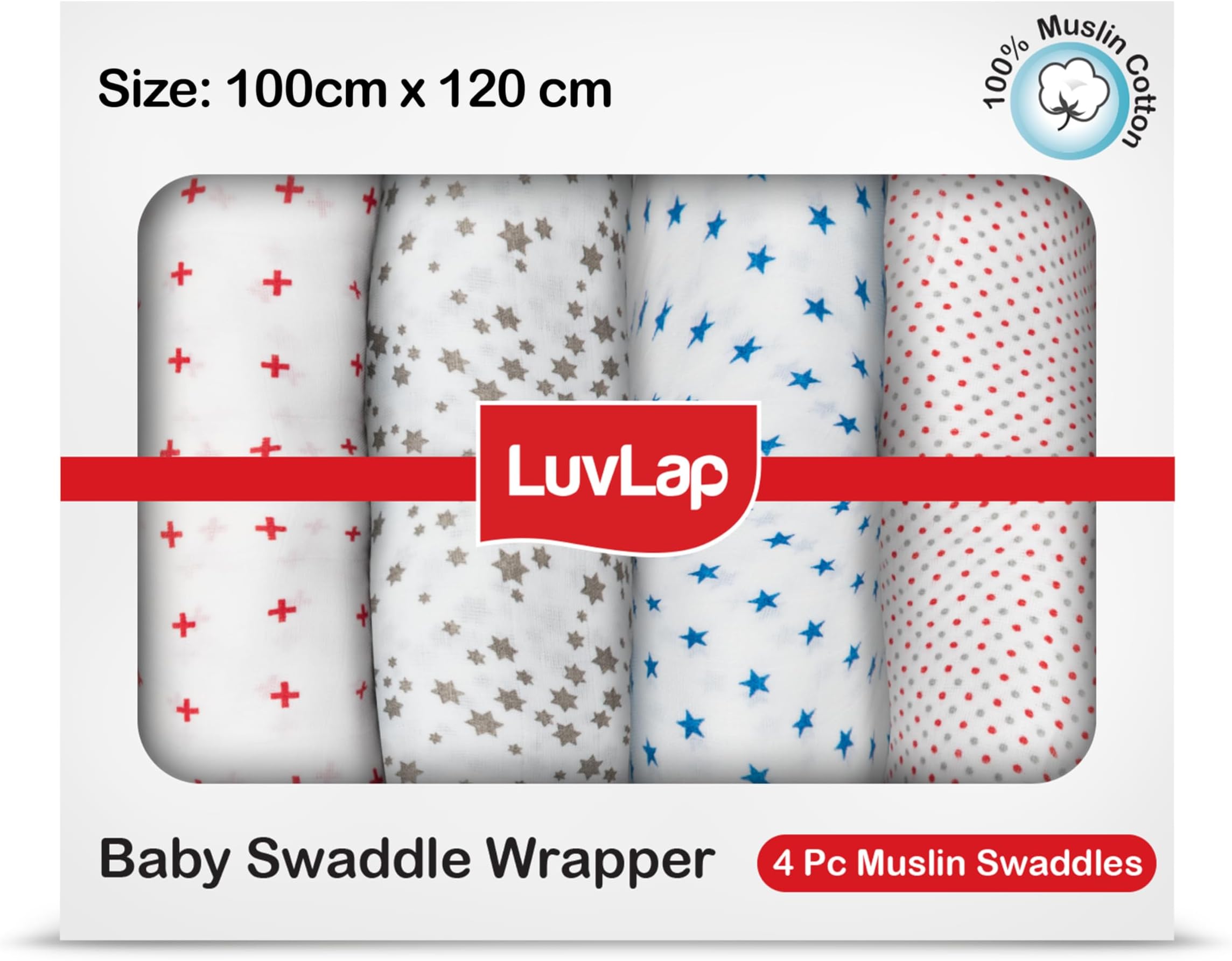 Luv Lap 100% Cotton Muslin Baby Swaddles, Dots & Stars White Print, 0-18M+, Pack of 4