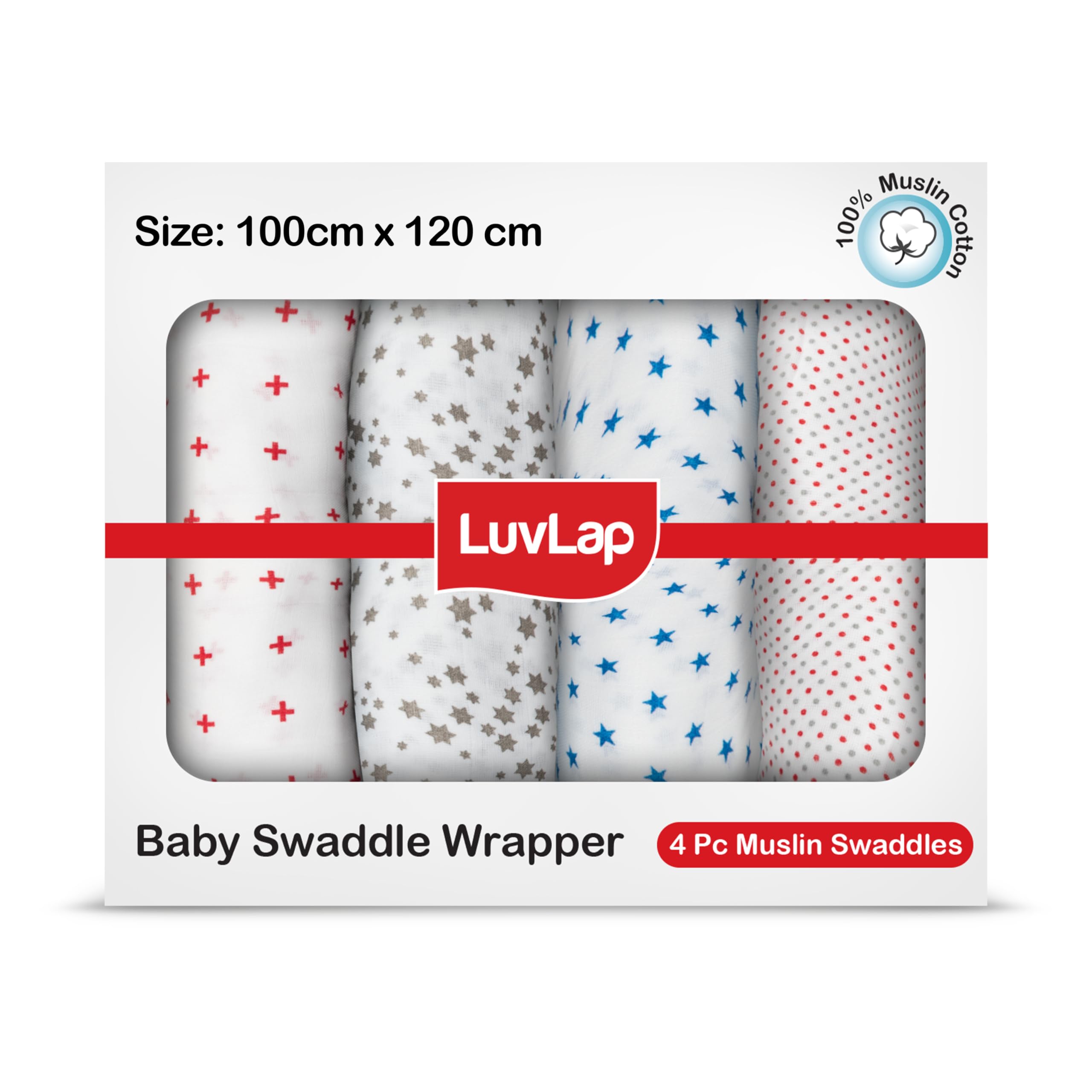 Luv Lap 100% Cotton Muslin Baby Swaddles, Dots & Stars White Print, 0-18M+, Pack of 4