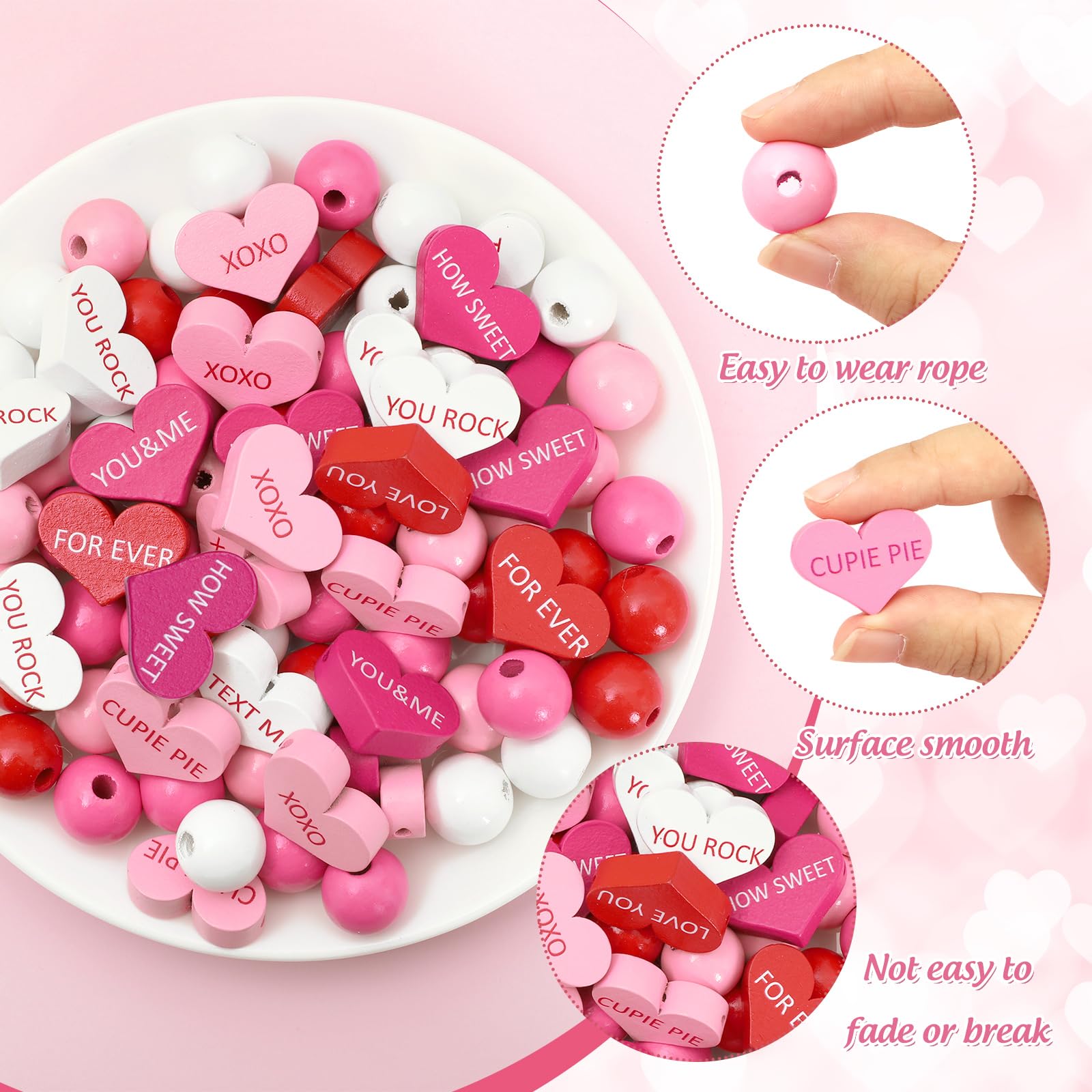 Whaline 220 Holzperlen Set Valentinstag – Herzen, Bunt, Mit 10 M Hanfseil, Für DIY Schmuck & Deko