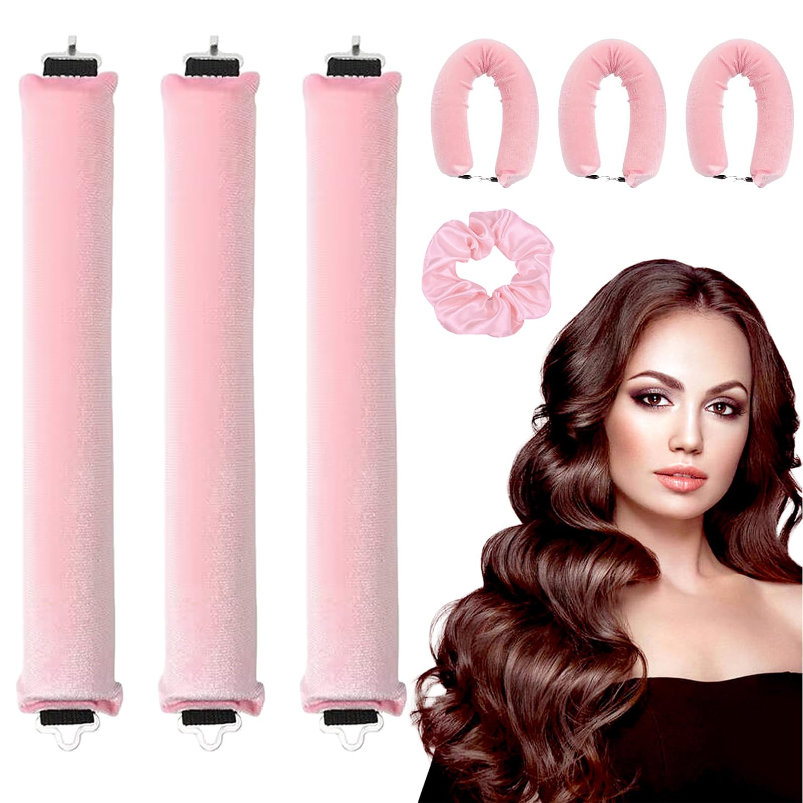 KEYRI 4 Piezas Rizador Pelo Sin Calor Heatless Hair Curlers DIY Persona Perezosa Rizador de Pelo Sin Calor Diadema Rizador de Pelo Rulos para Rizar con Gancho Rulos Seda Rulos Pelo para Dormir (Rosa)