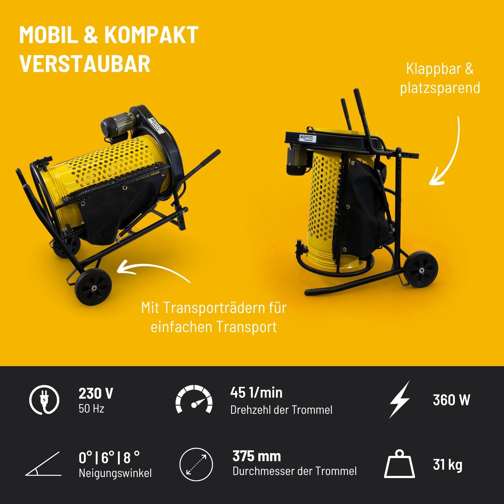 Güde Rollsieb GRS 375, 360 W, Siebtrommel Ø 375 mm, Modell 94414 | Zum Sieben von Kompost, Erde und Sand, Lochung 10 mm oder 20 mm, Neigungswinkel einstellbar, Transporträder, Fangsack