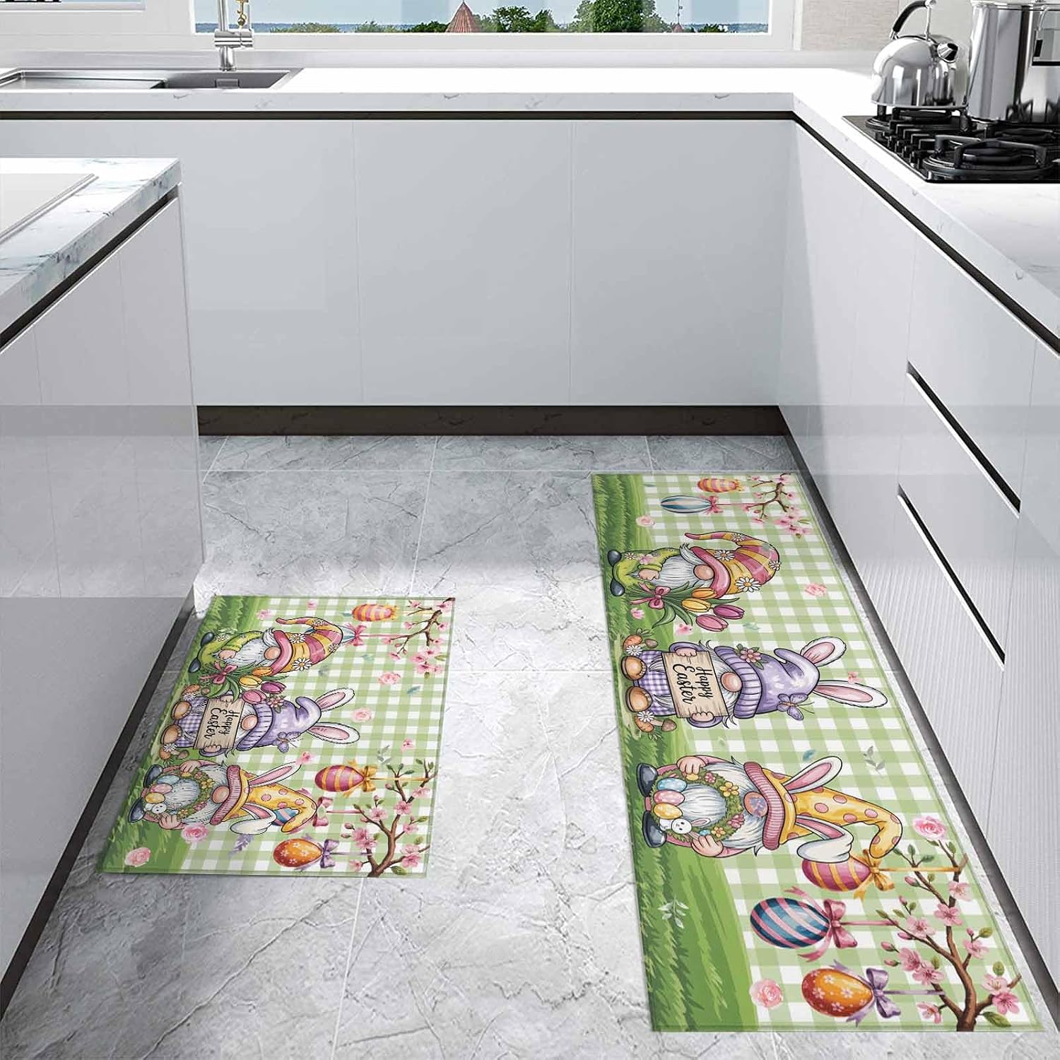 Kitchen Mats for Floor Easter Gnome Egg Green Buffalo Plaid Washable Non Slip Kitchen Rugs 2PCS, Spring Pink Flower Tree Absorbent Standing Mats for Sink Bathroom Office 15.7x23.6in+15.7x47.2in