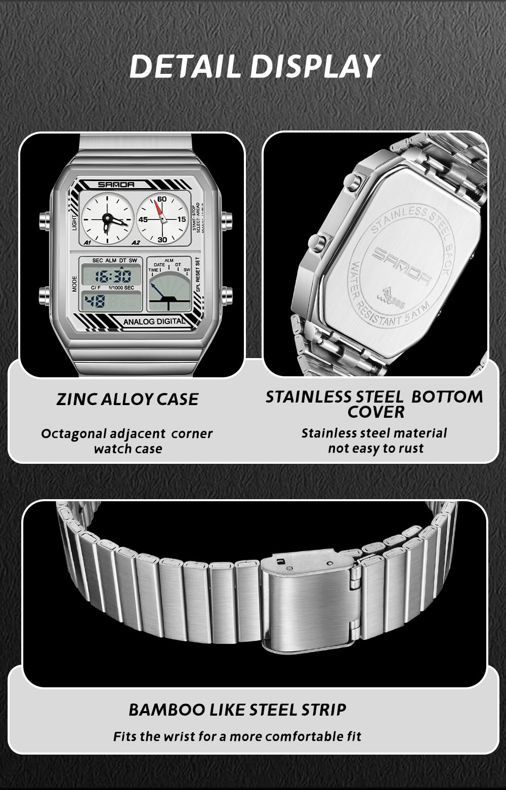 FANMIS Orologio digitale da uomo retrò con cinturino in acciaio con visualizzazione della temperatura, impermeabile fino a 5 atm, orologio da polso sportivo con retroilluminazione a LED, sveglia