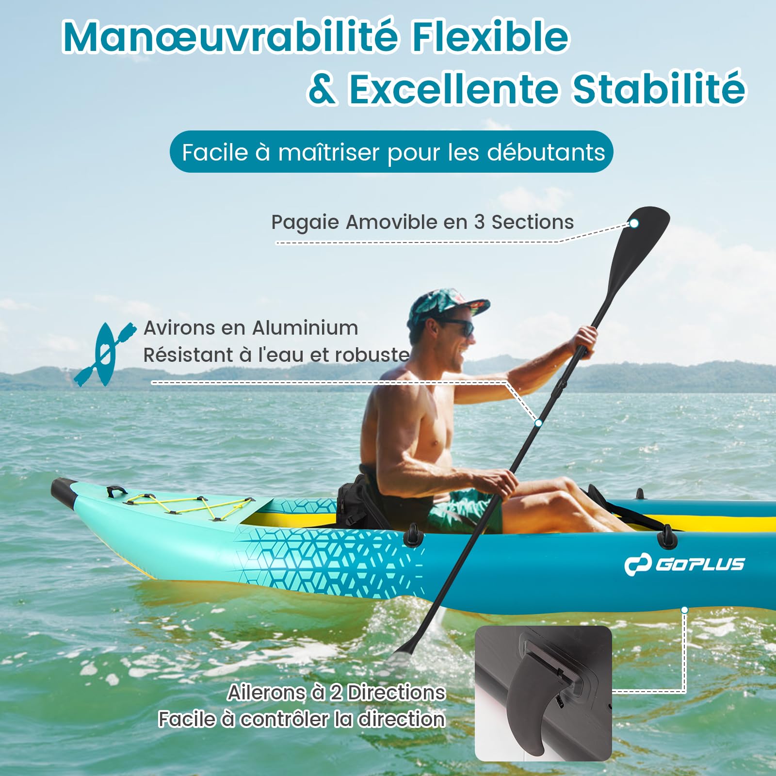 GOPLUS Kayak Gonflable 2 Personnes, Canoe Randonnée 382 cm avec Sièges et Repose-Pieds Réglables, 2 Pagaies, Fixations, 2 Dérives, Pompe à Main, Kit de Réparation, Sac Transport, Charge 230 kg