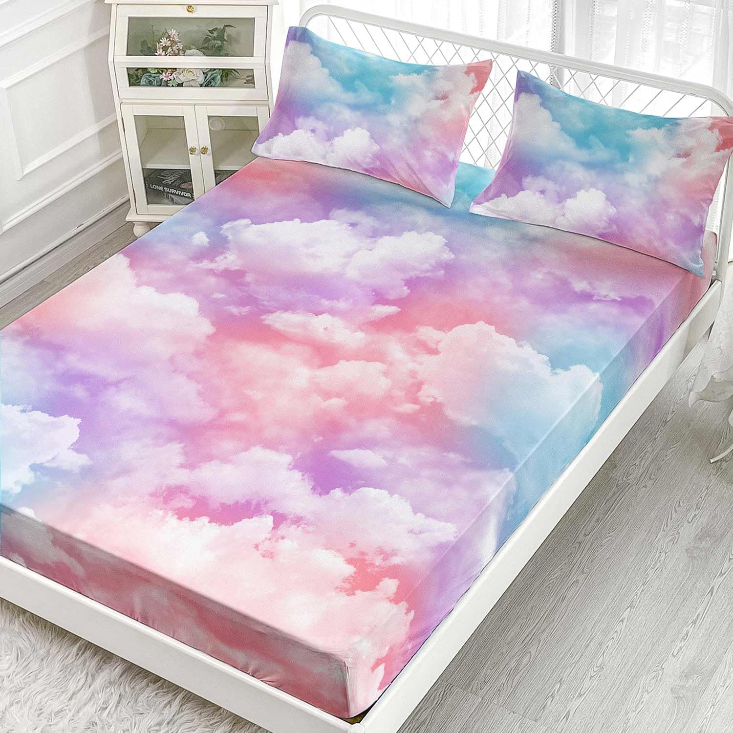 Cloud Queen 4Pcs Kids Bedding Set - Pink Blue Cloud Sky Sheets Set with 1 Flat Sheet, 1 Fitted Sheet & 2 Pillowcases