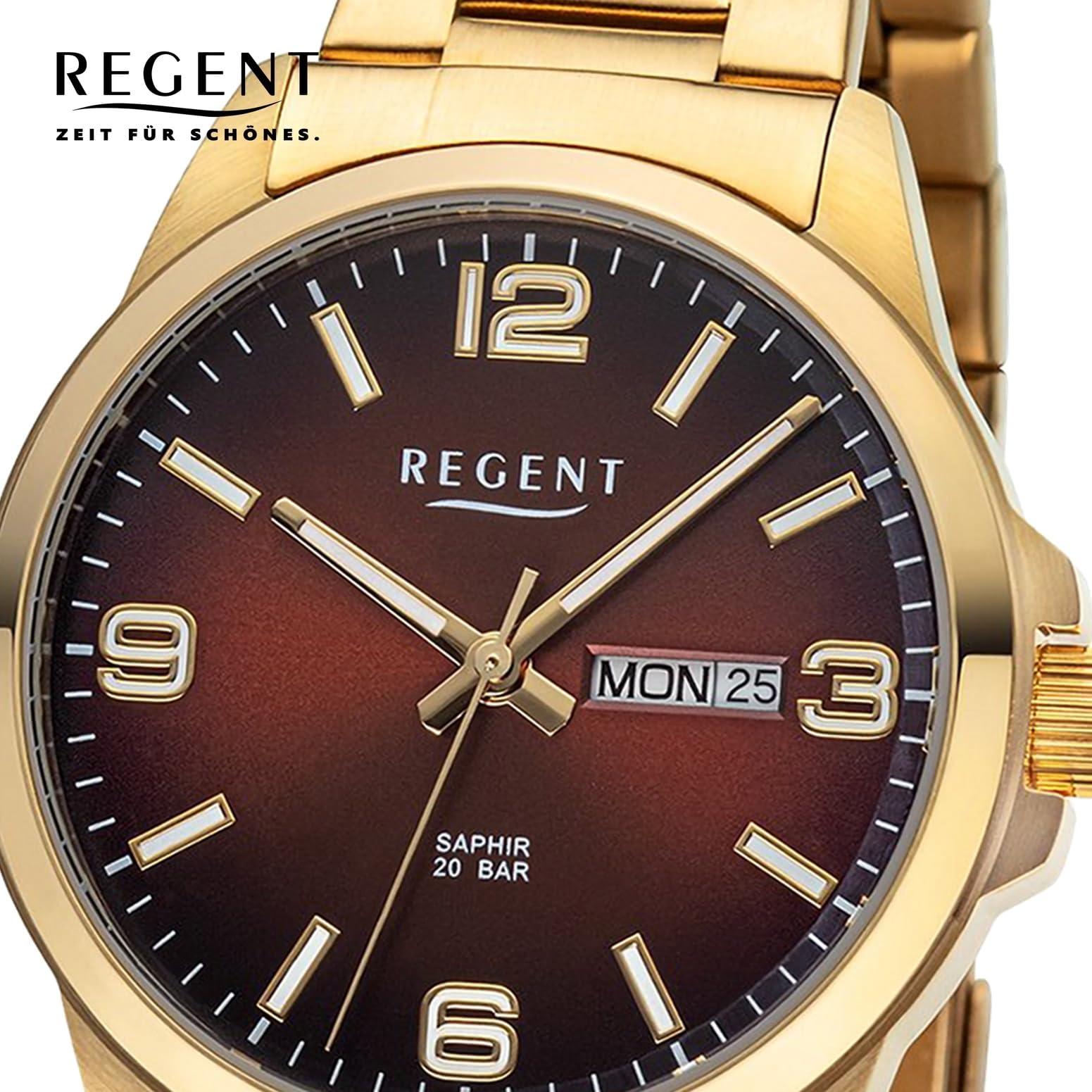 REGENT Orologio da uomo con giorno della settimana e datario 20 ATM, vetro zaffiro F-1530, Marrone dorato.