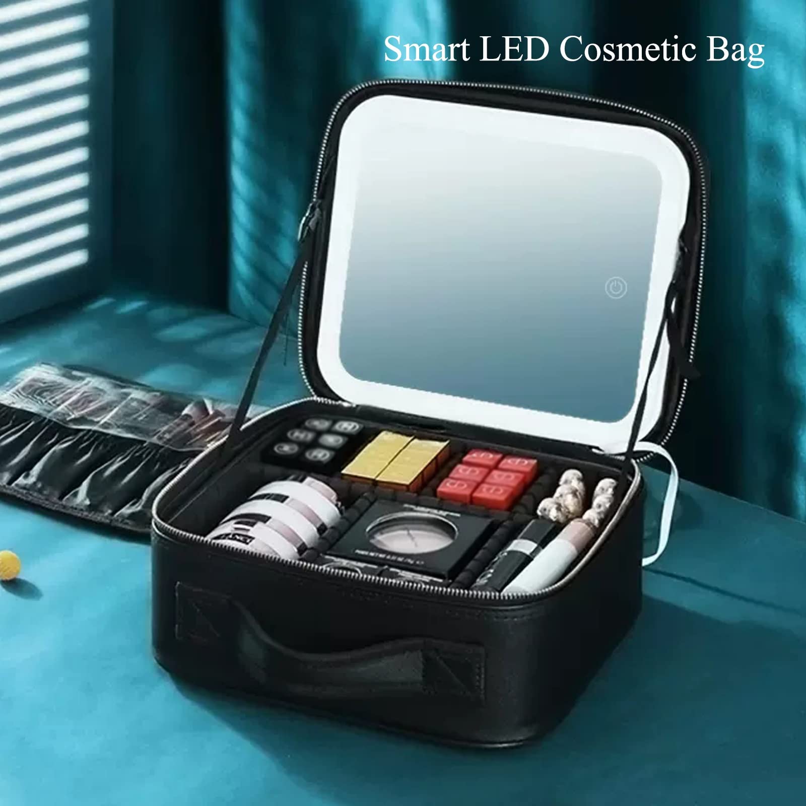 Valigetta per il trucco da viaggio, organizer per cosmetici, borsa portaoggetti portatile per artisti, specchio con luce LED intelligente, tre luci, interruttore touch screen, borsa per il trucco da