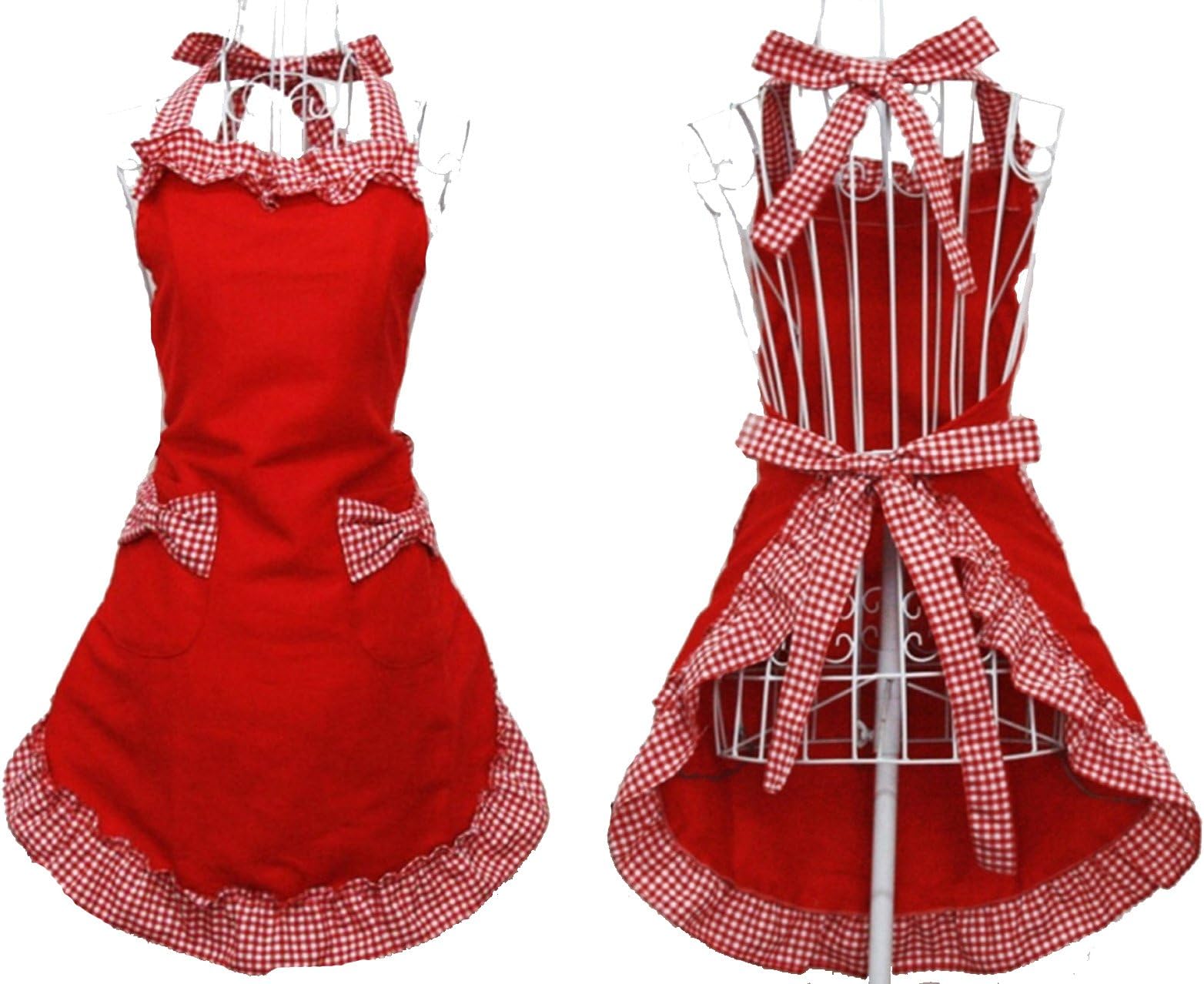 Hyzrz Cute Fashion Cotton Red Aprons for Women Girls Vintage Cooking Retro Apron with Pockets for Mother's day Gift