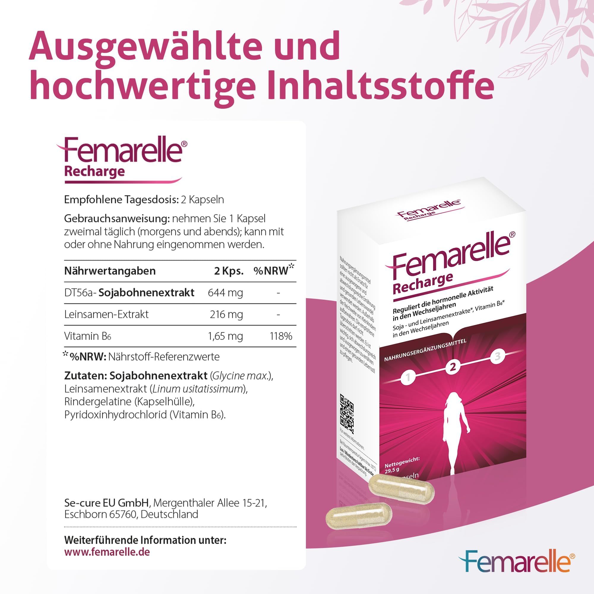 Femarelle Recharge - Wechseljahre Kapseln, Meno Komplex für Frauen - hormonelles Gleichgewicht in der Menopause - Meno Balance - Mit DT56a, Leinsamen-Extrakt* und Vitamin B6*