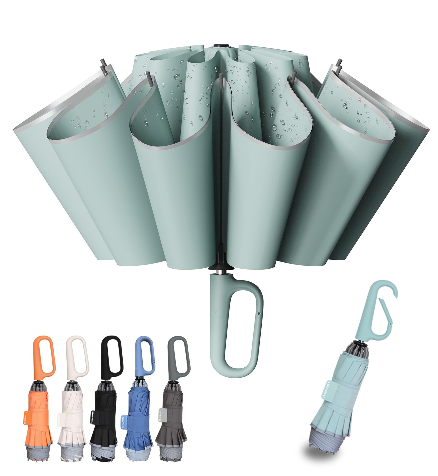 TUMAAOTU Compact Inverted Umbrella with Never Forget Carabiner Handle - Travel Umbrella Windproof Strong, Reverse Umbrellas for wind rain, Auto Open Close, 10 Rib Durable Frame for Women Men (Green)