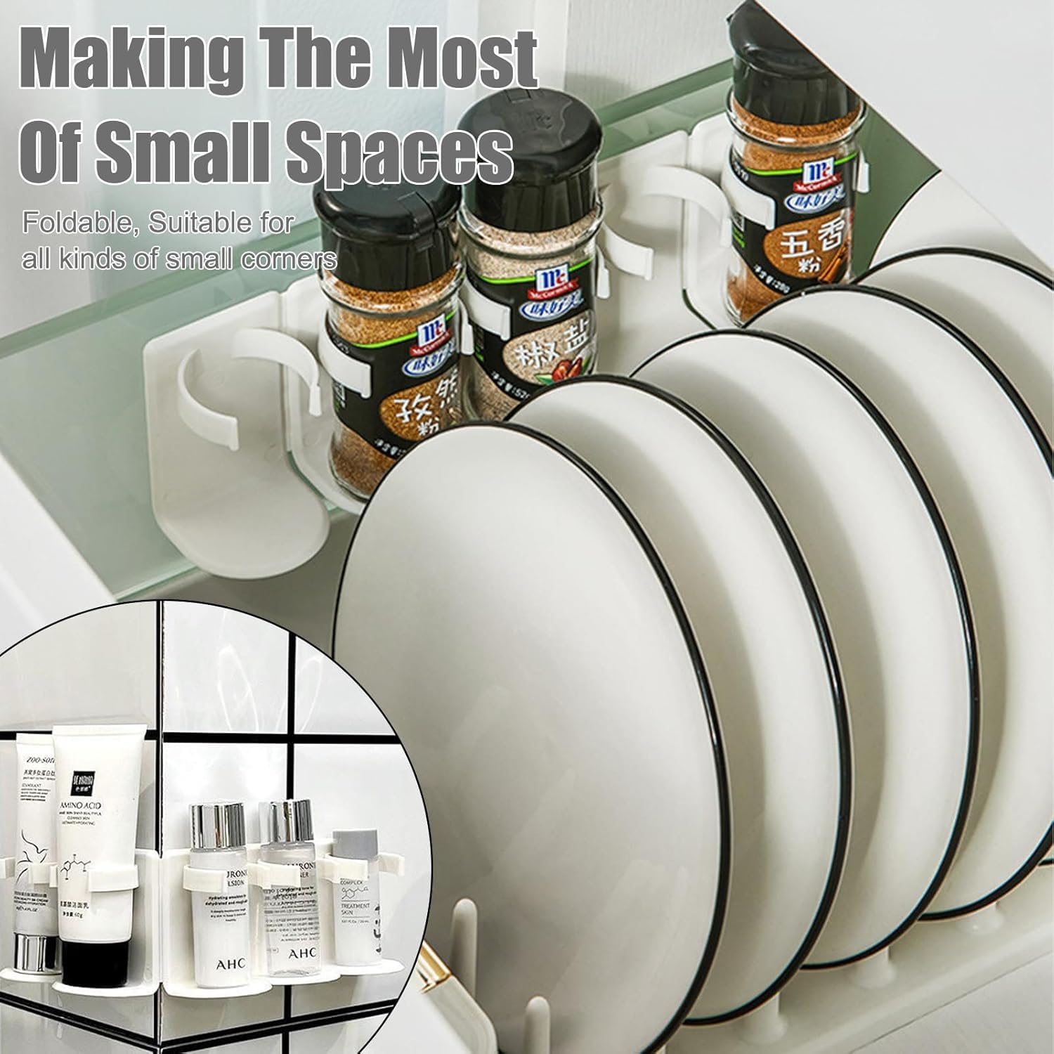 MURTISIDDH Bathroom Wall Self Adhesive 5 Grid Cosmetic Bottles Organizer, Wall-Mounted Row Storage Rack, Bathroom Shelf Basket 2