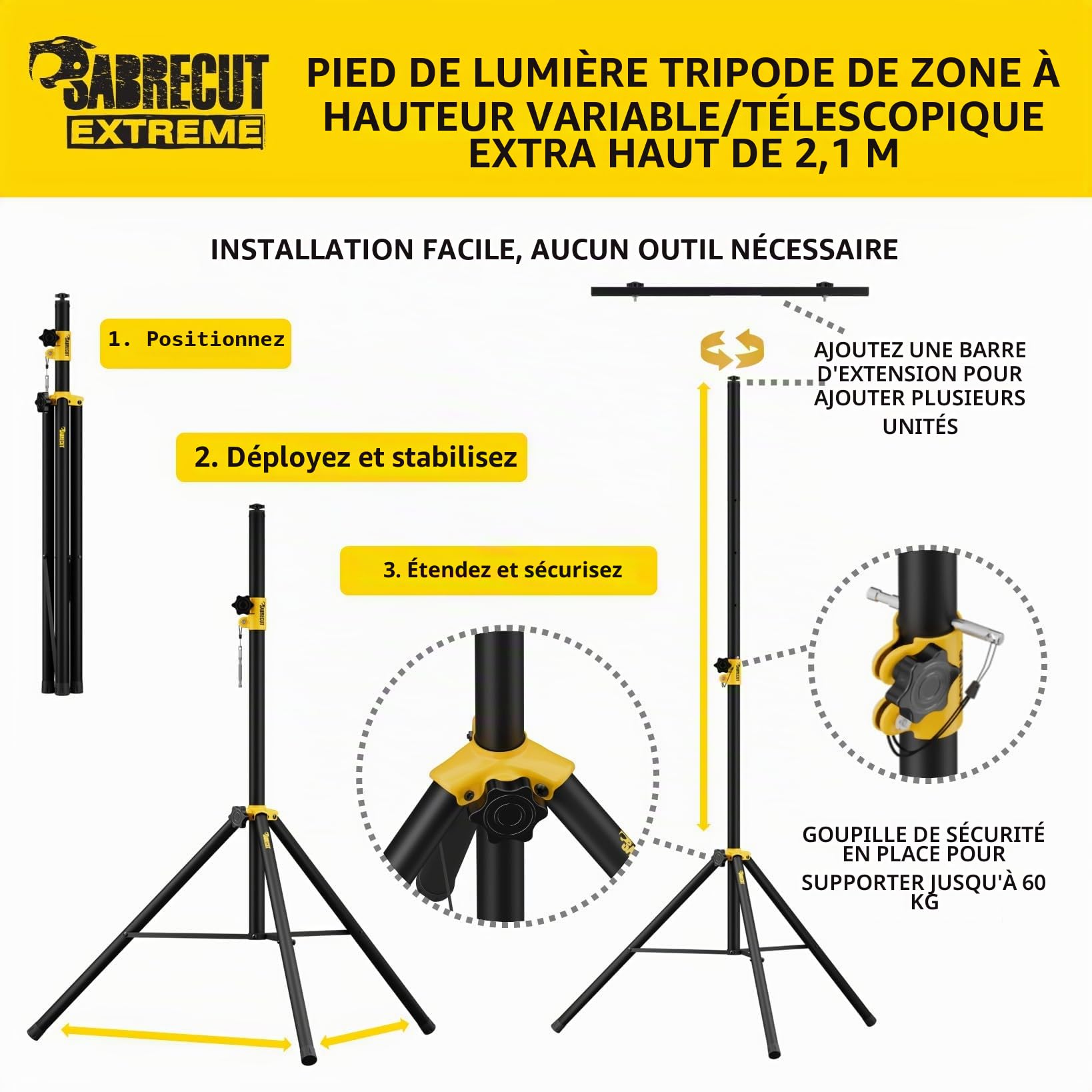 SabreCut SCLEDTRIPB Trépied télescopique extra haut à hauteur variable de 2,1 m pour lampe de travail projecteur de site équipement de sonorisation