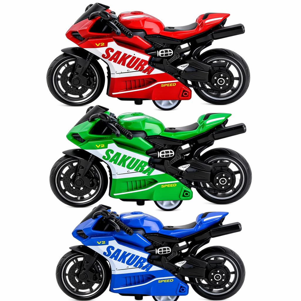 Eivxxky 3-Pack Mini Pull Back Motorcycle Model Set, Red Blue Green