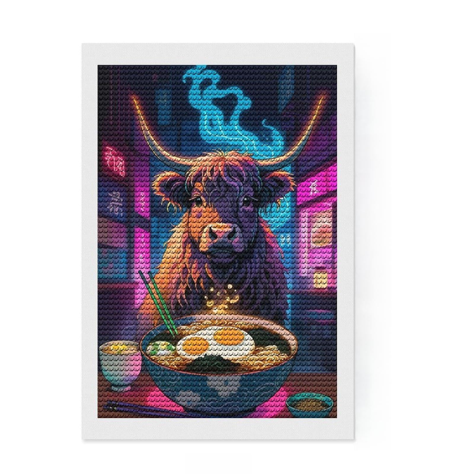 Junmoney Highland Cow Ramen Diamond Painting Set 8"x12", Stress Relief Craft, Satisfying Creative Project, Modern Decor, Holiday Gift Idea