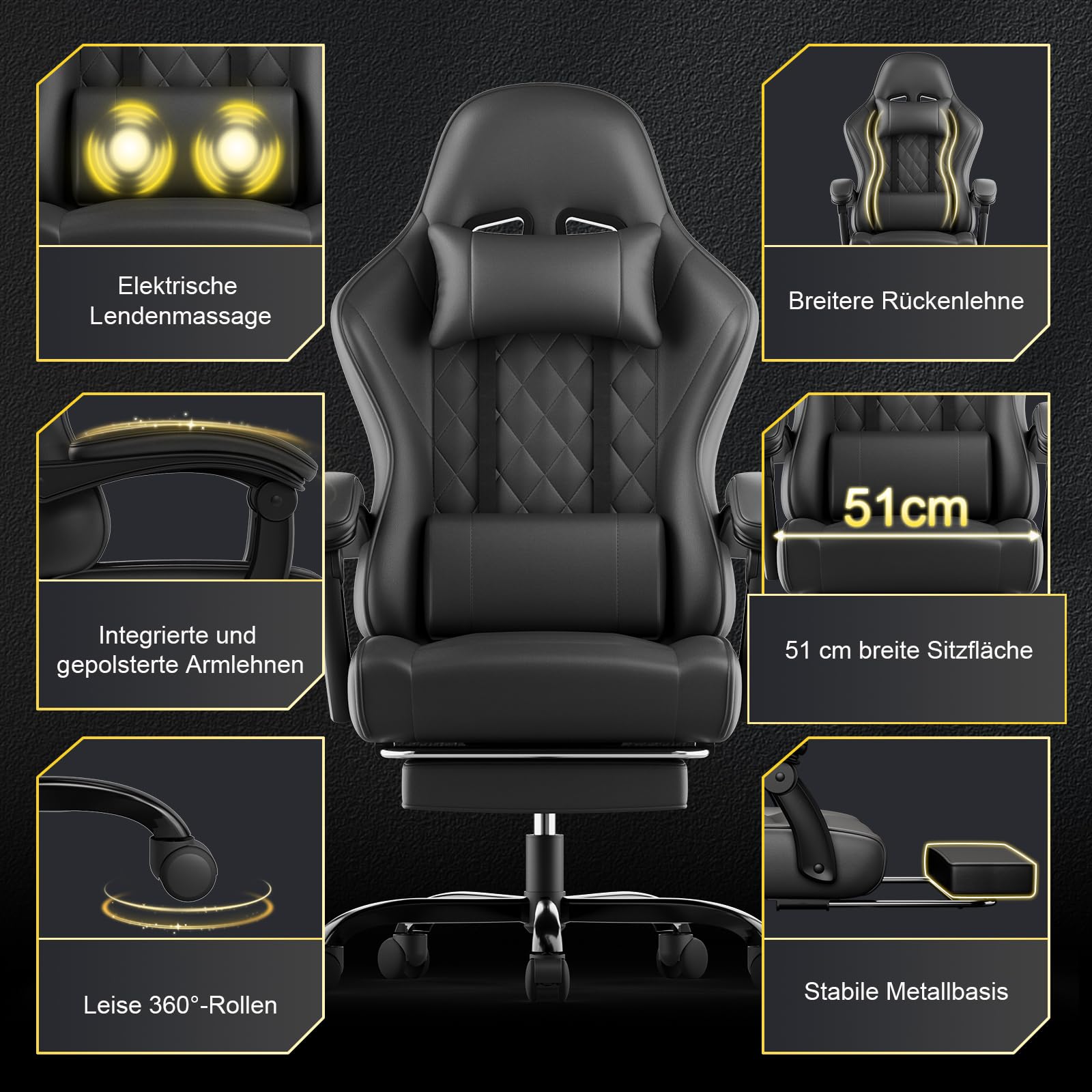JUMMICO Chaise Gaming Ergonomique, Chaise de Bureau avec Fonction Massage, Fauteuil Gaming avec Repose-Pieds, 150 kg, Noir