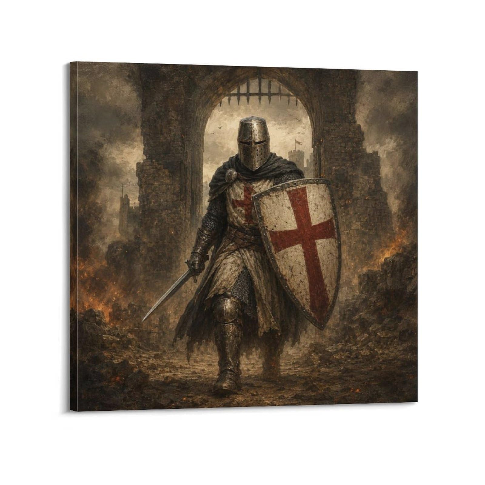 XKUGA Medieval Armor Templar Knight Poster Fortress Gate Shield Modern Decorative Canvas Prints - Ideal Wall Art for Family, Man Cave, Game Room, Boys & Girls Bedroom 12x12inch(30x30cm)