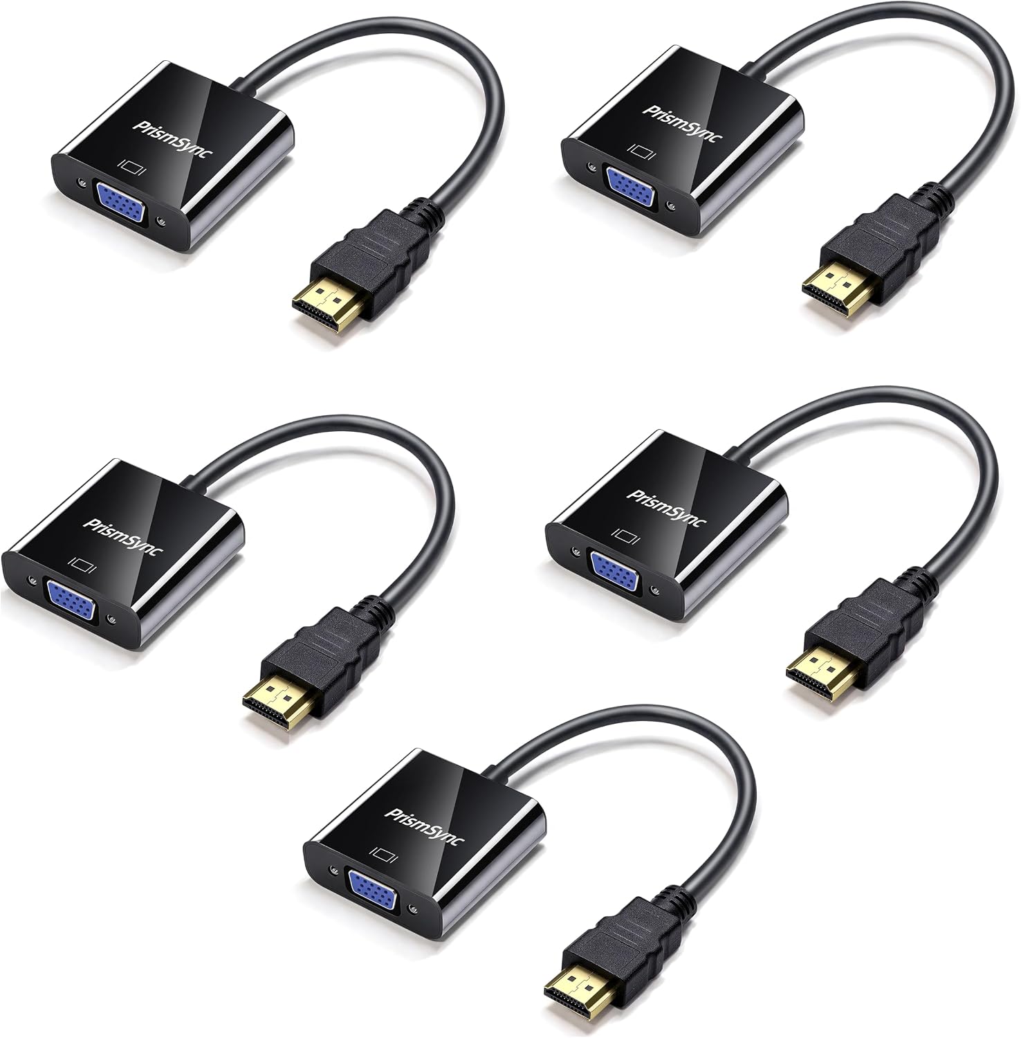 HDMI to VGA Adapter 5-Pack for Laptop to Projector - 1080p Gold-Plated Converter (M/F), Uni-Directional, Plug & Play, Works with PC, Monitor, HDTV, Chromebook, Raspberry Pi, Xbox-Black