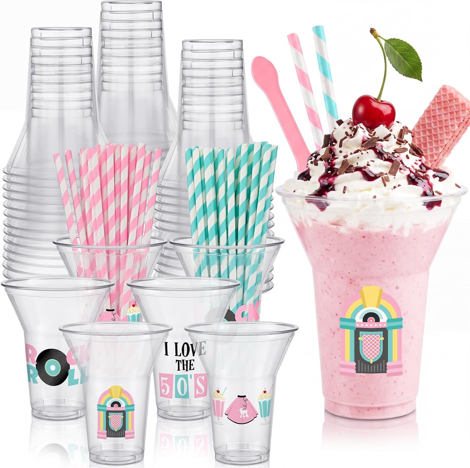 40 Set 10 oz Plastic Milkshake Cups for 1950s Party Decorations