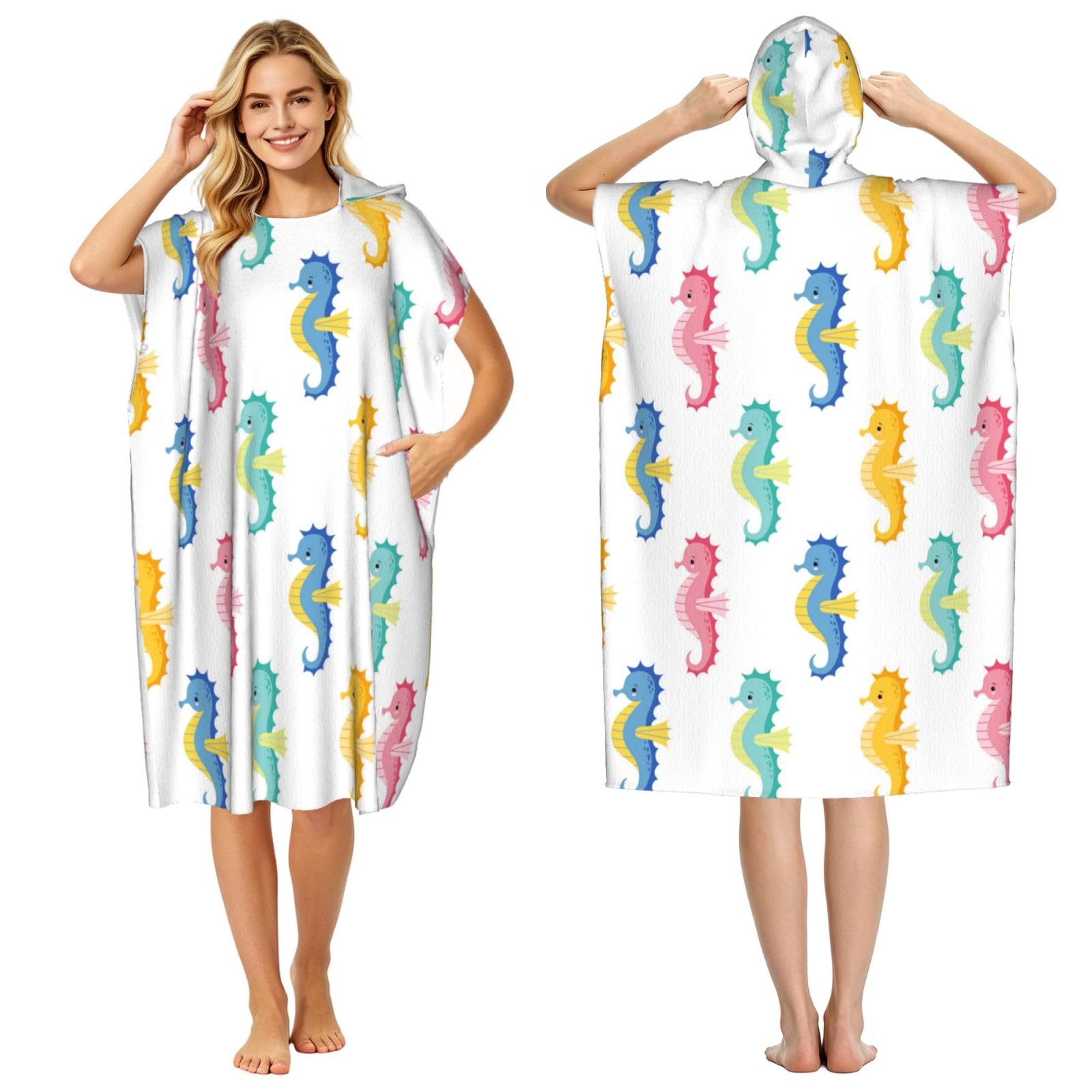 Poadnly Seahorse, Adult Hooded Beach Towel 90 x 110 cm,Changing Bath Robe, Surf Poncho Towel For Women Men