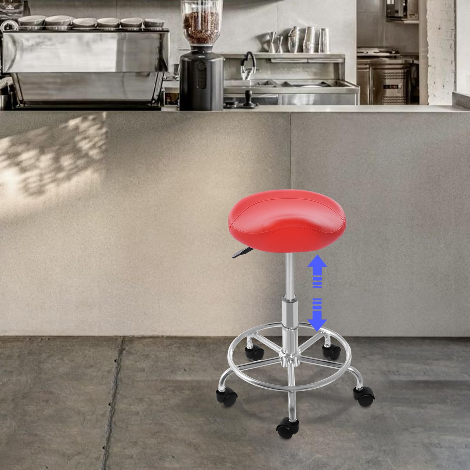 Sgabello da sella con ruote, regolabile in altezza a 360°, per ufficio, salone, massaggio, spa a casa, altezza regolabile da 45 a 59 cm (rosso)