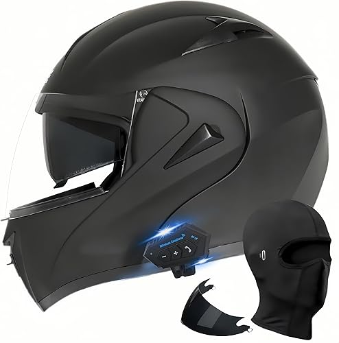 Casco modular Bluetooth para motocicleta, aprobado por DOT, doble visera, abatible, de cara completa, con Bluetooth, casco de motocicleta integrado