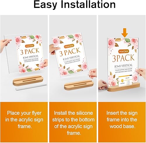 Miniatura 4 de MaxGear Soporte acrílico para letreros de 8.5 x 11, soporte de exhibición de mesa transparente con base de madera, marco de letrero inclinado en