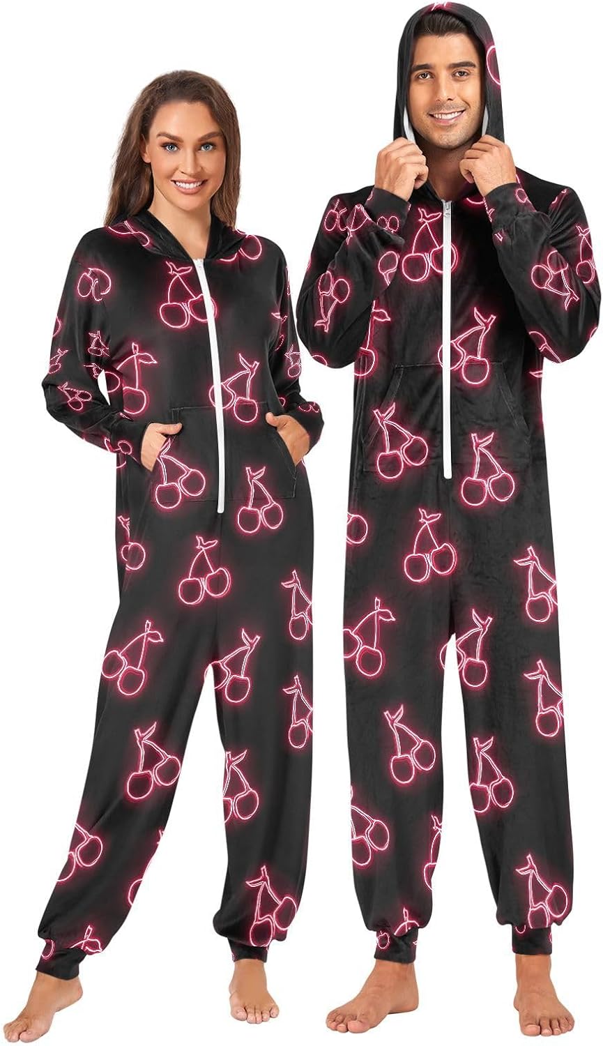 Pink Neon Cherry Adult Onesie Pajamas Novelty One Piece Costume Sleepwear Jumpsuits Matching PJS