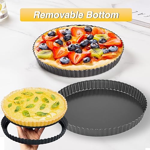 Miniatura 5 de MEICHU Sartenes para tartas de 9 pulgadas con parte inferior extraíble antiadherentes estriados para hornear pizza, mousse de frutas, postre de