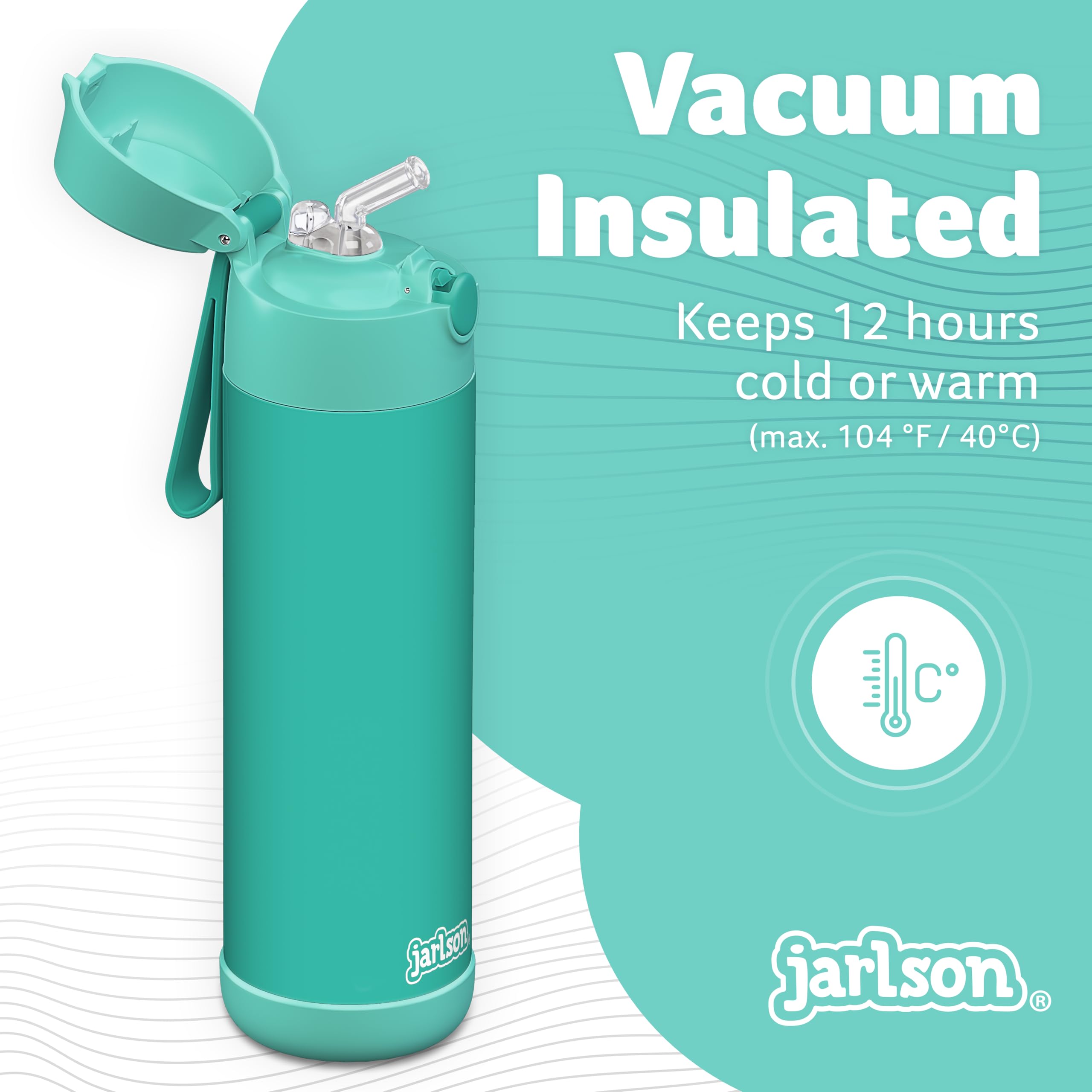Jarlson® Borraccia Termica Bambini 500ml CHARLI [CON CANNUCCIA] - Bottiglia Acciaio Inox - Termos per Bambini e Bambine - Mantiene Freddo - Senza BPA - Ideale per Scuola, Sport e Viaggi(Turchese)