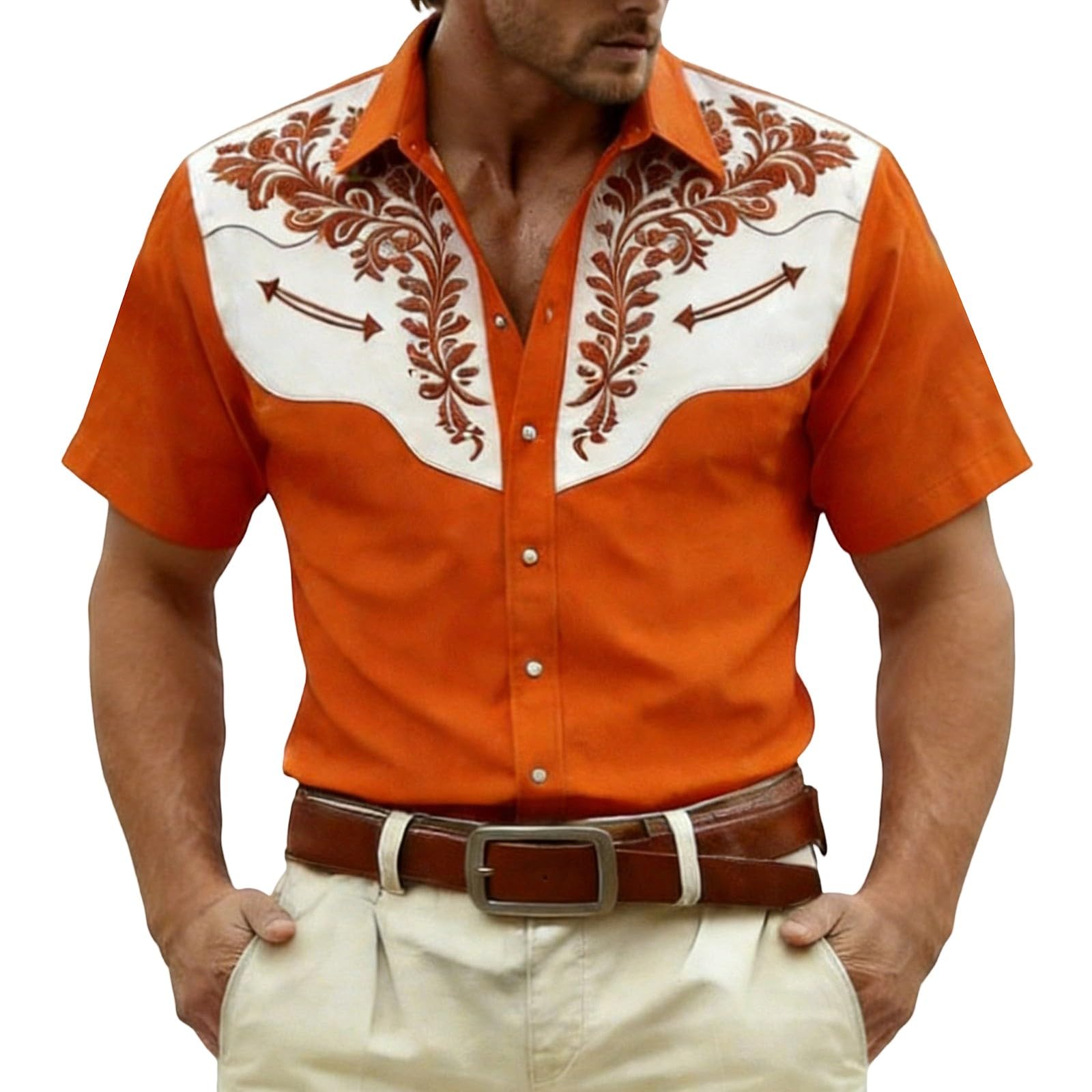 Cowboy Shirt Men's Western Shirts Cowboy Costume Men Western Shirts Western Cowboy Shirt Snap Embroidery Shirts Lapel Collar Classic Casual Shirt for Carnival Party Outfit, O Orange, XXXXL