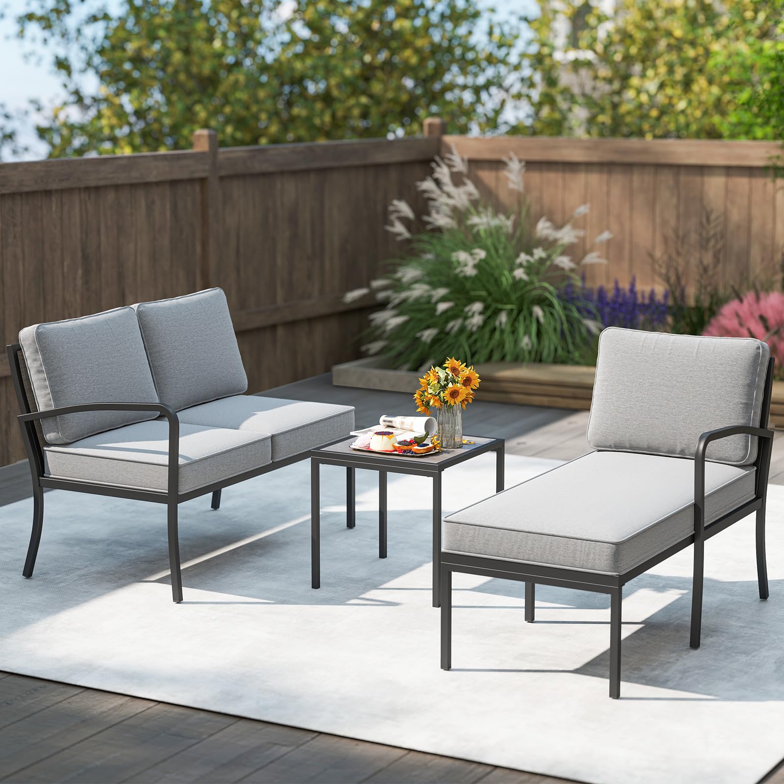 COSTWAY Set Divano da Giardino a 3 Posti, Divano Modulare a L con Tavolino (Grigio)