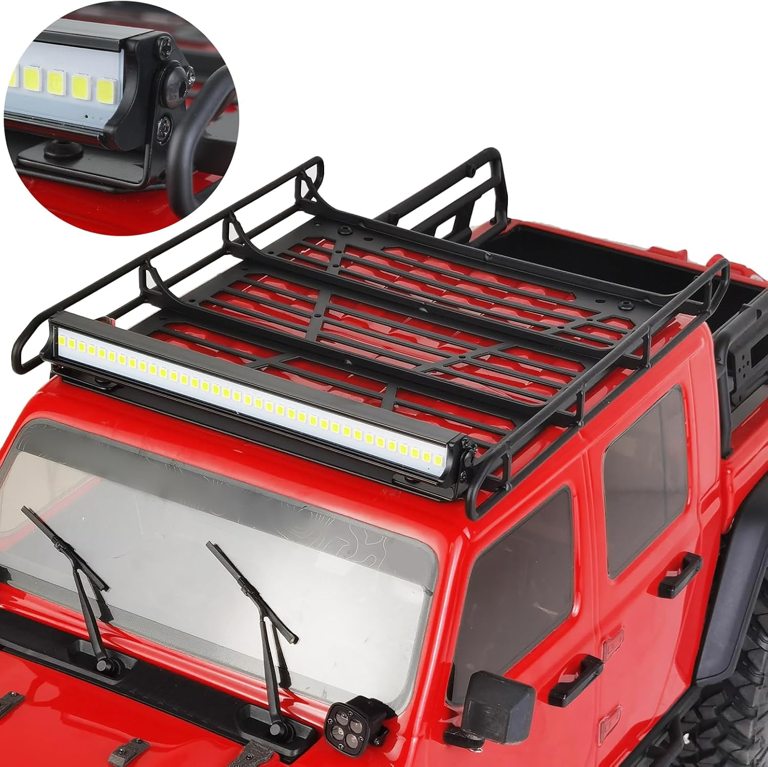 Stainless Steel Roof Luggage Rack with Lights Bar for 1/10 RC Crawler Car SCX10 III Upgrades