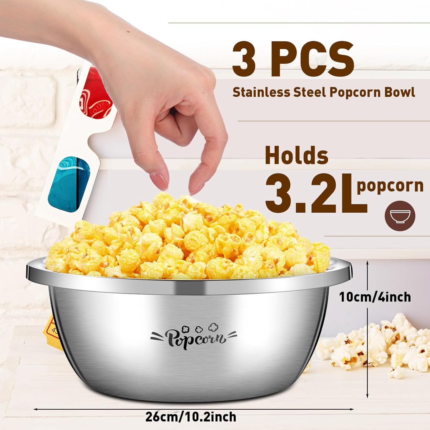 3 Pcs Popcorn Bowls 3.4 Qt Stainless Steel Mixing Bowl Metal Bowl Stainless Steel Bowls Large Reusable Popcorn Serving Bowl for Home Movie Kitchen