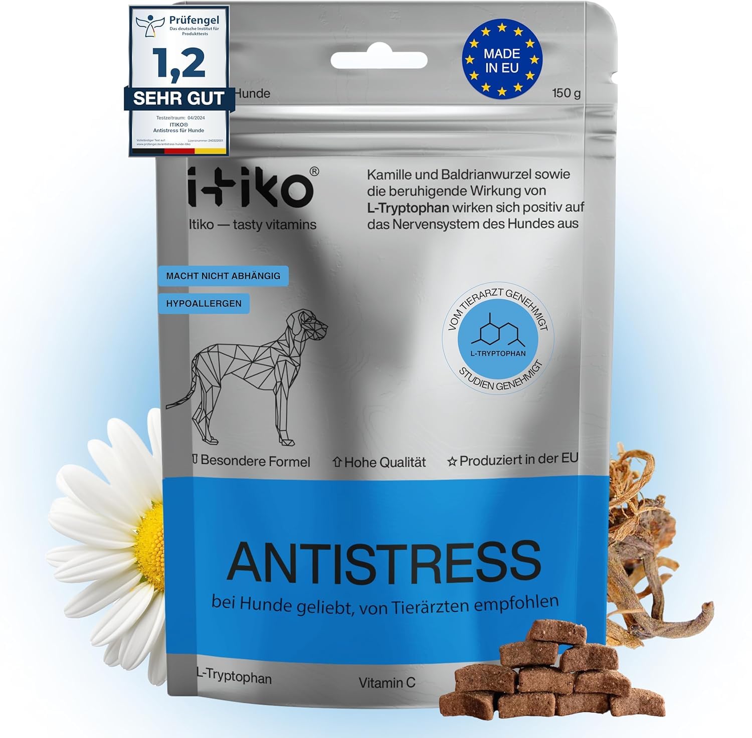 ITIKO Vitamine für Hunde | Lecker Hund Beruhigung Futterergänzung | Beruhigungsmittel für Hunde | Verbesserung des Nervensystems, Bellhemmend, L-Tryptophan