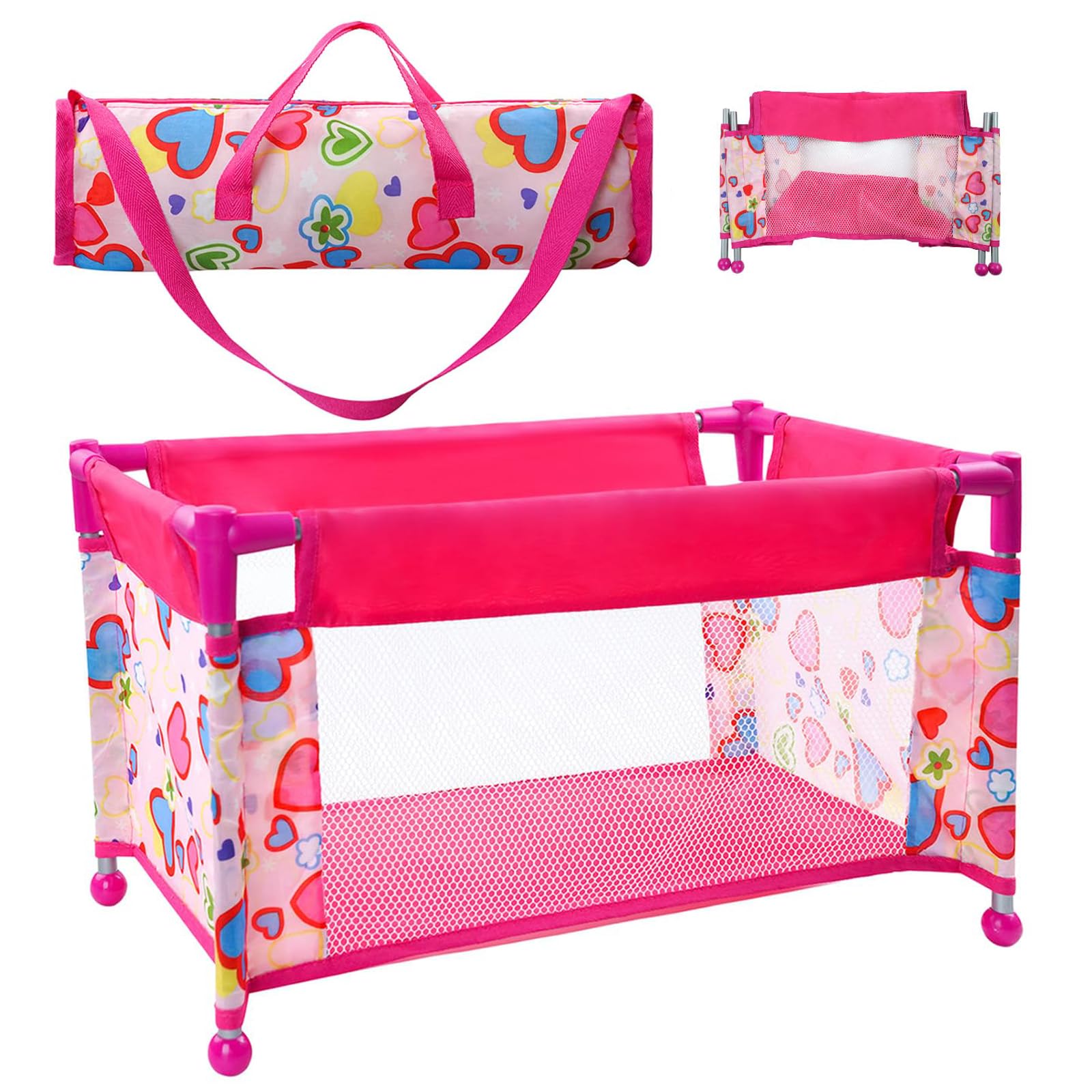 Lit de Voyage Pliable pour poupée jusqu'à 45cm avec Sac de Transport et Accessoires Jouet d'imitation pour Enfants 3 Ans et Plus