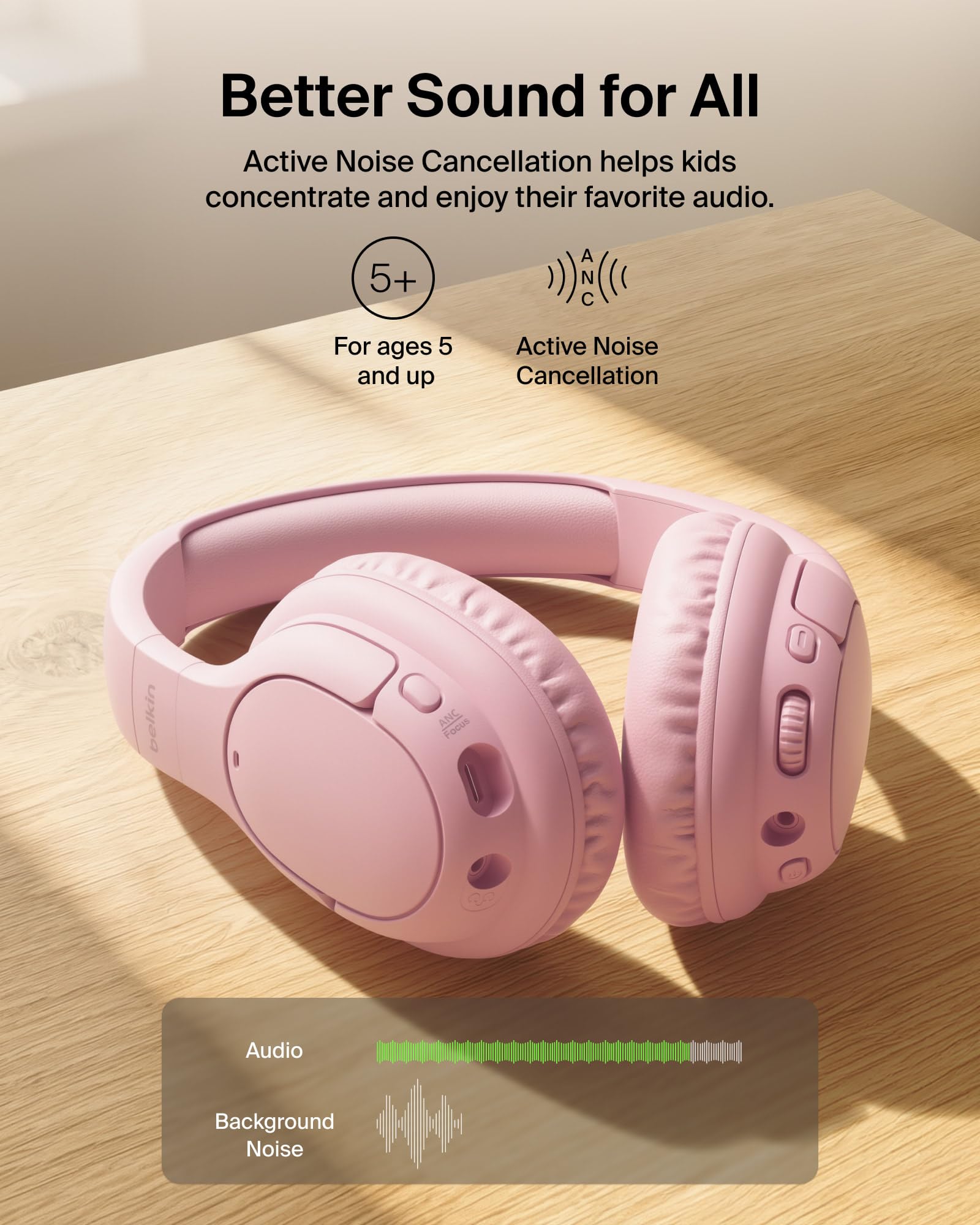 Belkin SoundForm Play ANC Casque pliable pour enfants, volume sûr 80 dB