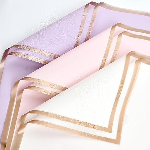 Miniatura 6 de Jutieuo 20 hojas de papel de regalo de flores moradas, impermeable, borde dorado, papel de regalo, suministros de floristería (22.8 x 22.8 pulgadas)