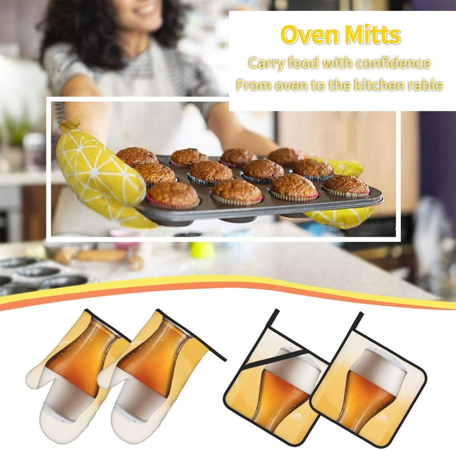 (Beer Bubble) Baking 4-Piece Set: 2 Oven Mitts and 2 Pot Holders Heat Resistant Waterproof Hanging Loop for Kitchen Oven Grill Housewarming Gifts
