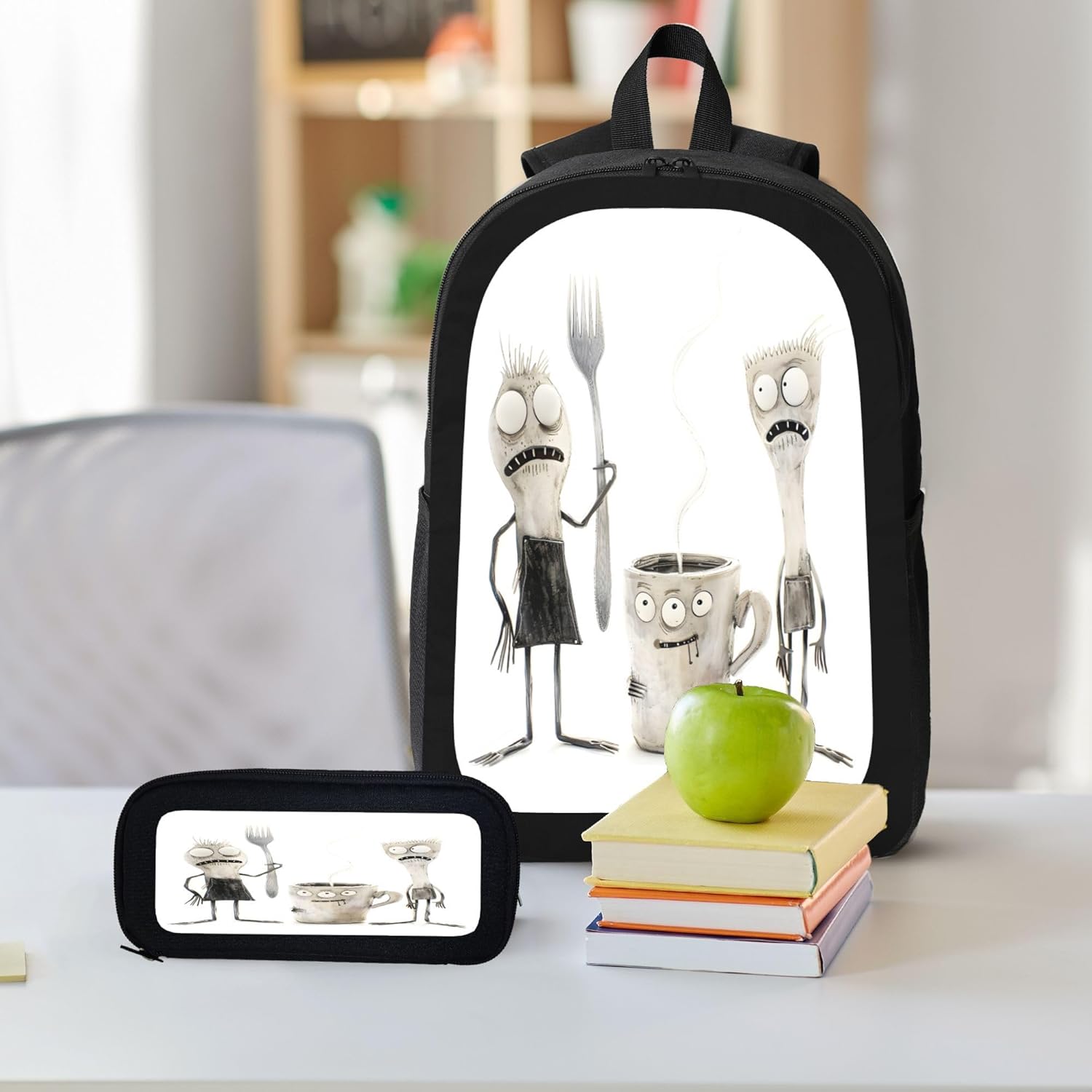 3PCS Backpack for Women & Men Funny Kitchen Cartoon Utensils Adjustable Back Pack with Lunch Bag and Pencil Case Lightweight Casual Daypack Laptop Rucksack for Travel Work Camping Outdoor