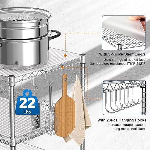 Miniatura 7 de Carrito rodante de 3 niveles resistente con ruedas, certificado NSF, capacidad de 1120 libras, carrito utilitario rodante de grado comercial con