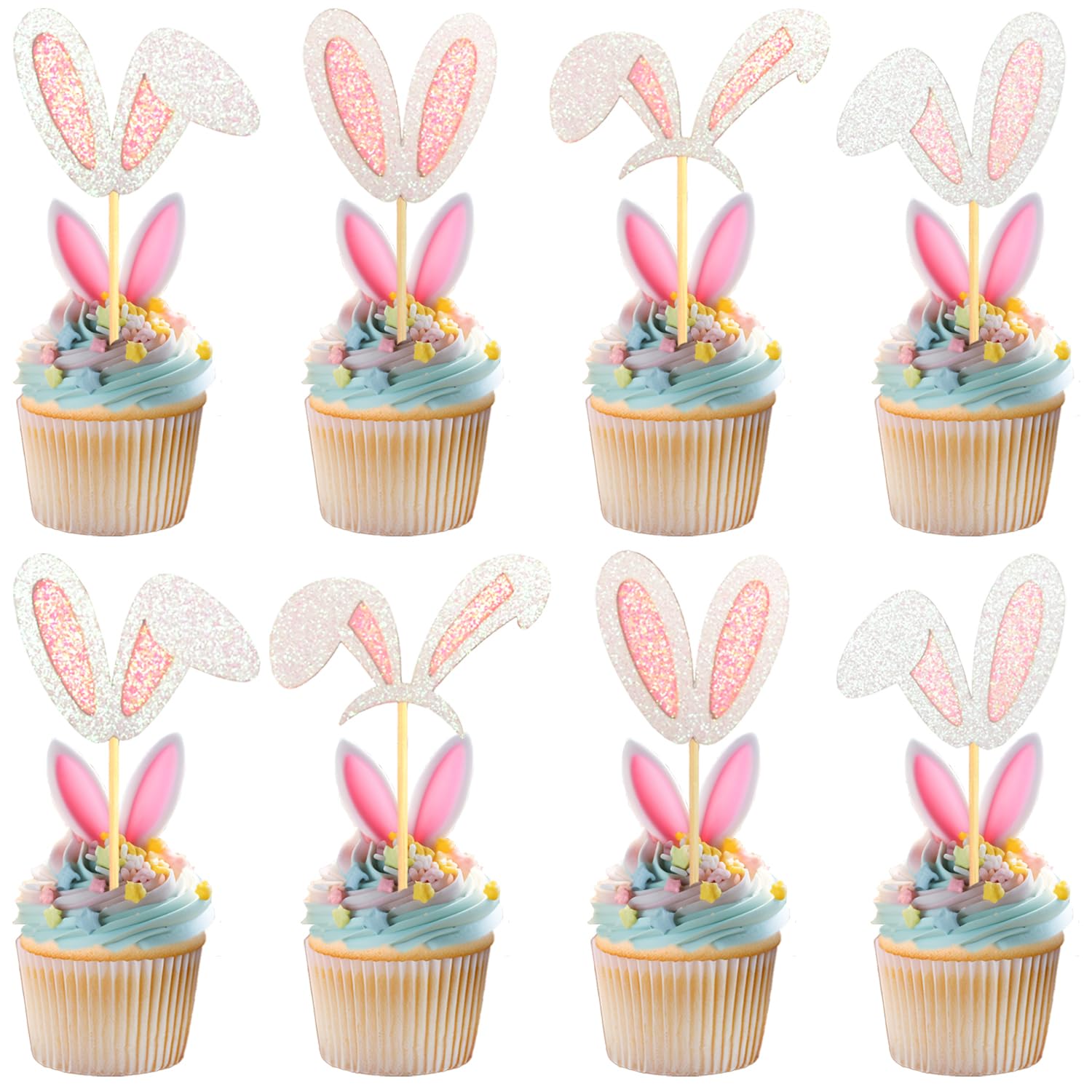 Chewarelly 24 Pack Easter Cupcake Toppers - Festive Decoration for Spring Baked Goods - Glitter Cardstock Material - Perfect for Easter Celebrations(Bunny Ear Design)