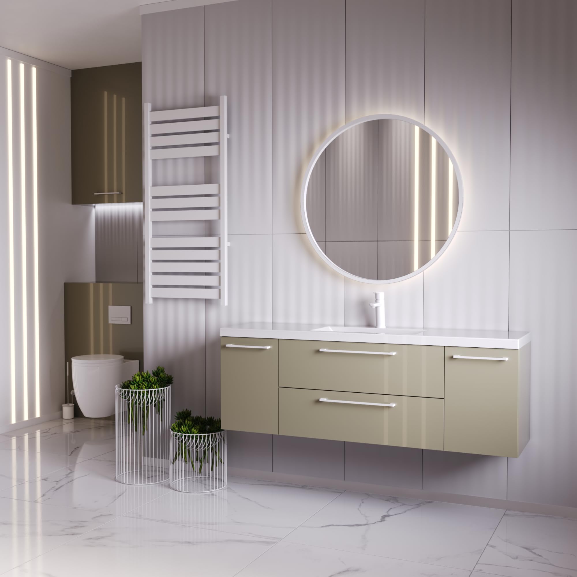 Rosen 140 cm Hängeschrank mit Waschbecken in Cappuccino Hochglanz und Mattweißen Griffen - Stilvolle Eleganz für das Badezimmer