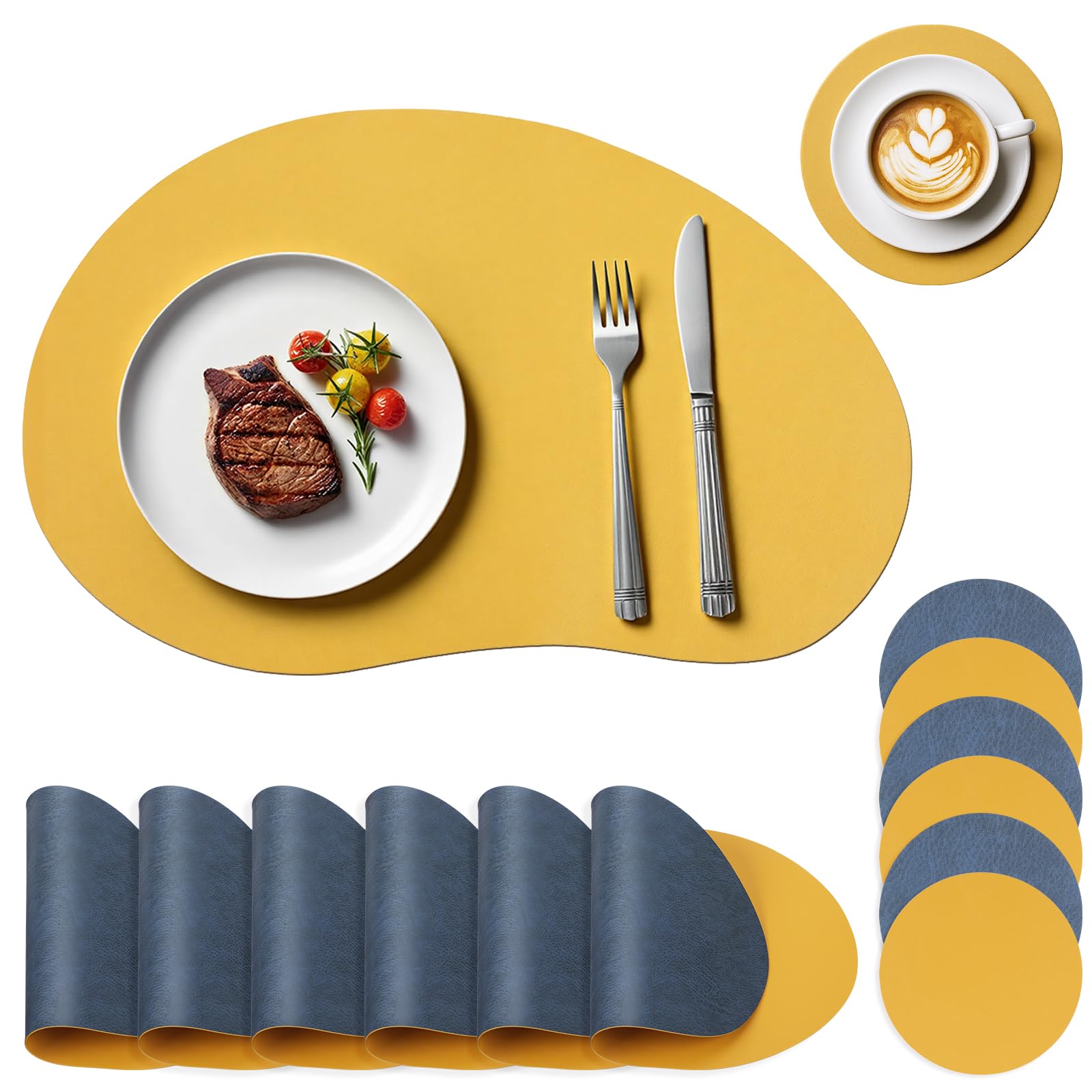 6 STKS Ronde Placemats Onderzetters, PU Waterdichte Tafelmat Kunstleer Hittebestendige Placemats voor Thuis Keuken Restaurant Bruiloft Decor Antislip Placemats, Blauw A (Wit