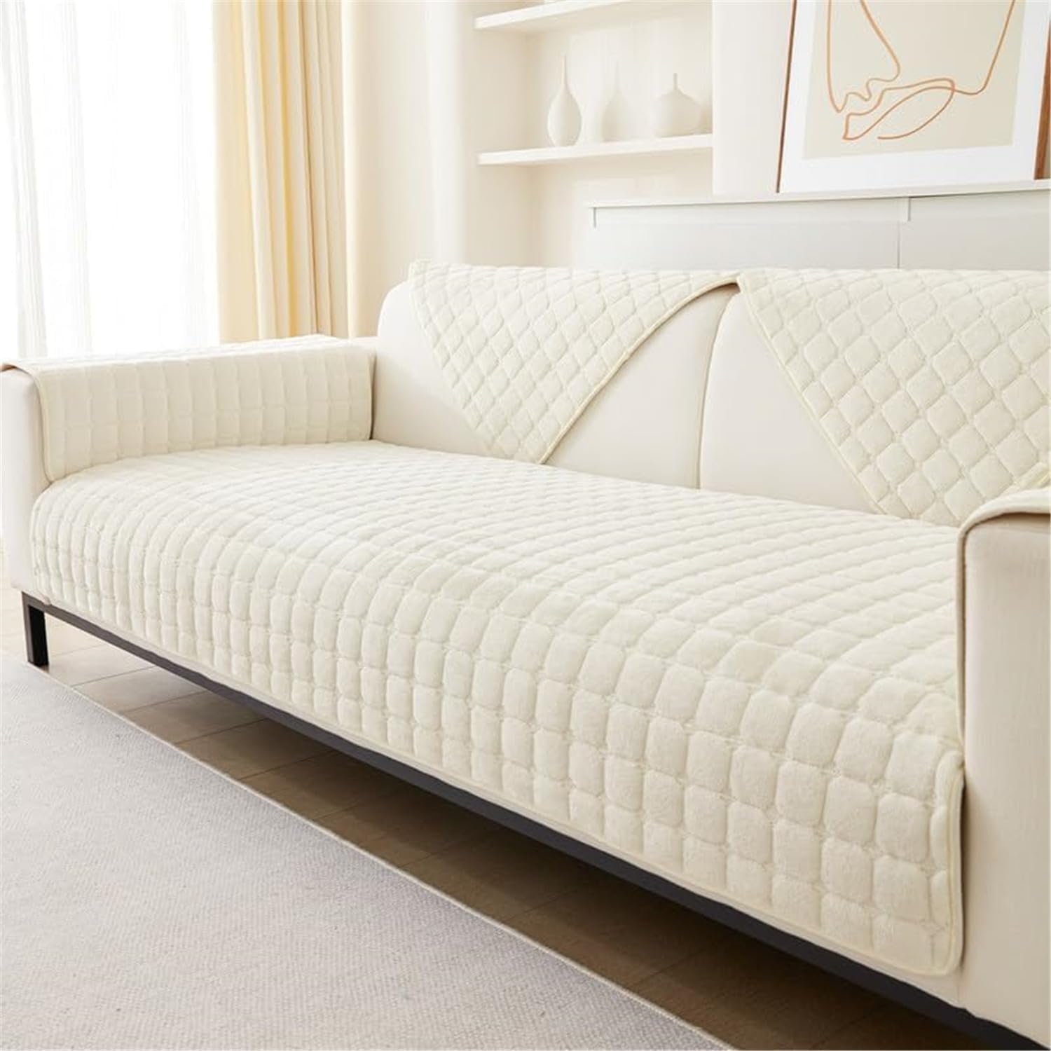 Lingky Flannel Beige White Soft Flannel Sofa Covers Washable - Sofa Cushion Covers, Non-Slip Sofa Cover 1 2 3 Seater Couch Covers For Sectional Sofa, Sofa Slipcovers L Shape Furniture Protector (Beige White, 90X90cm)